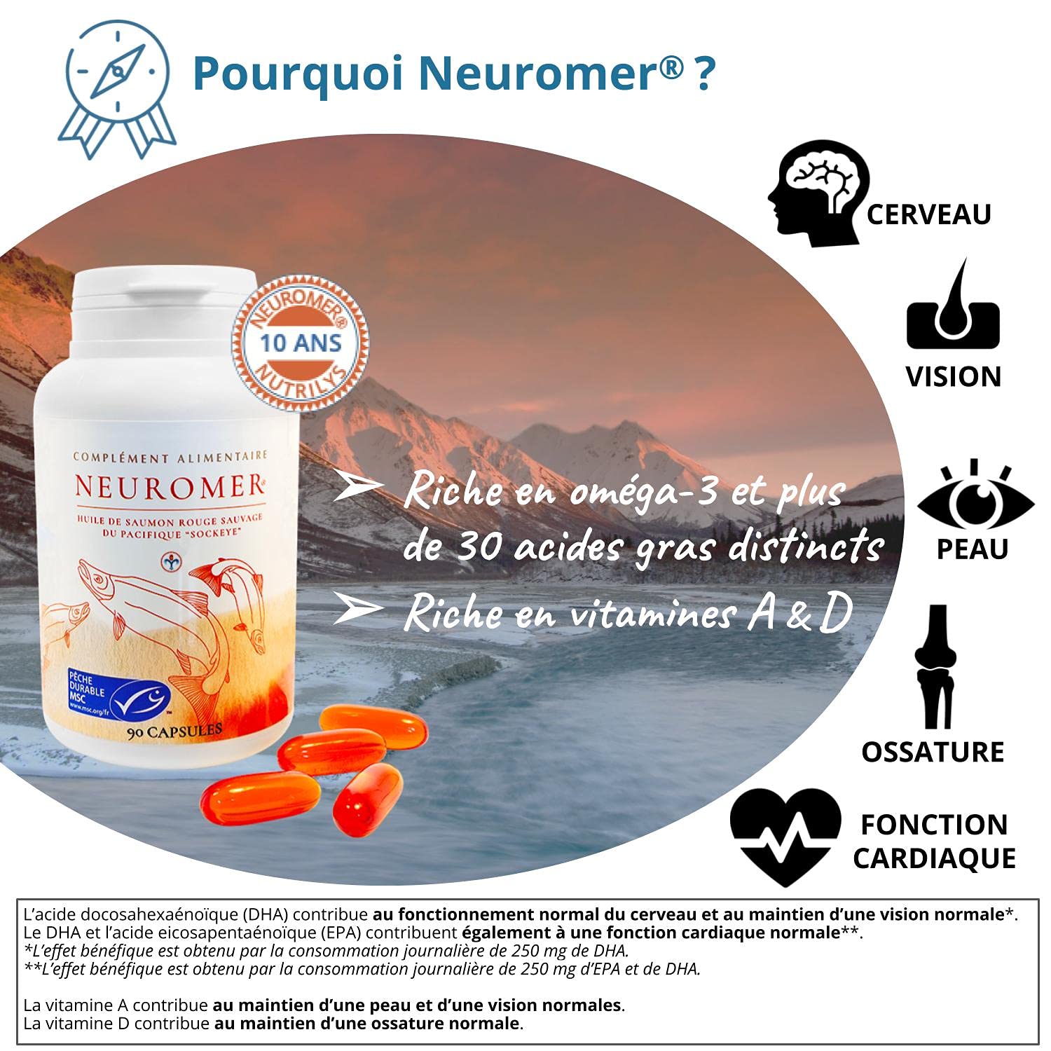 Neuromer® - Complément Alimentaire - Oméga 3/6/9, Vitamines A/D, + de 30 Acides Gras - 90 capsules