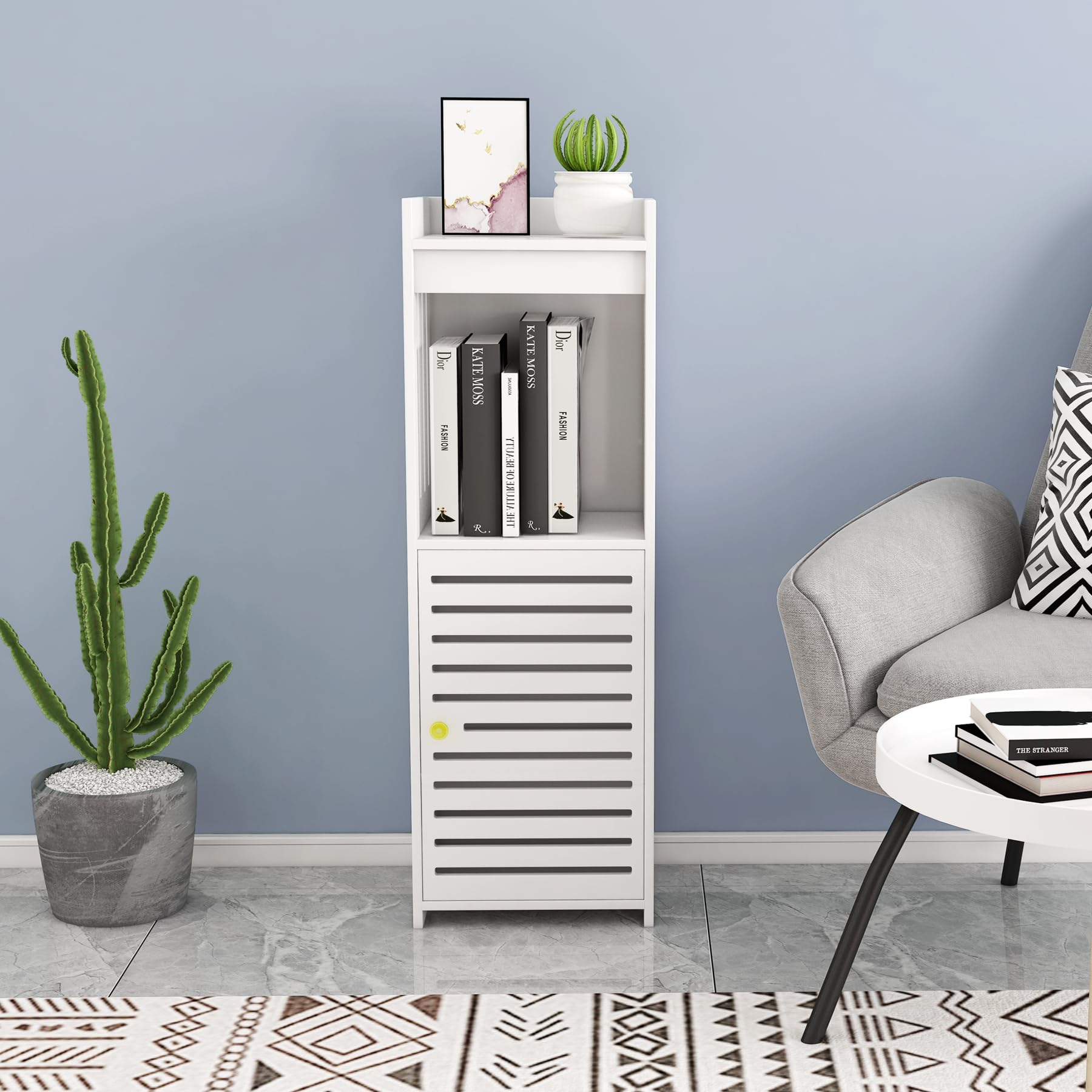 HAYOFAMY Narrow Bathroom Cabinet, Bathroom Storage Floor Cabinet Freestanding Organizer with Door and Open Shelf for Small Space, White