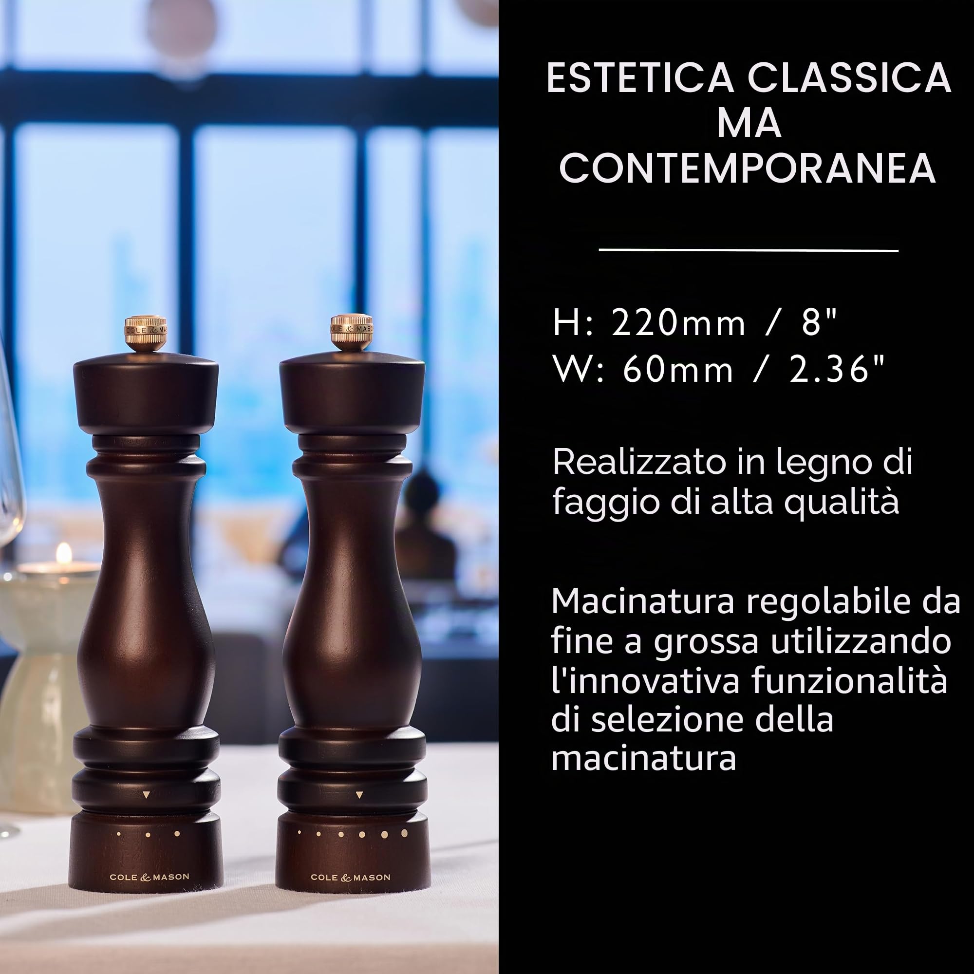 Cole & Mason London Macina Pepe Grind Select Macinatura Regolabile 22cm | Regolabile Macinino 6 Livelli Sale, Legno di Cioccolato, Macina Spezie, Macinapepe Garanzia a Vita sul Meccanismo