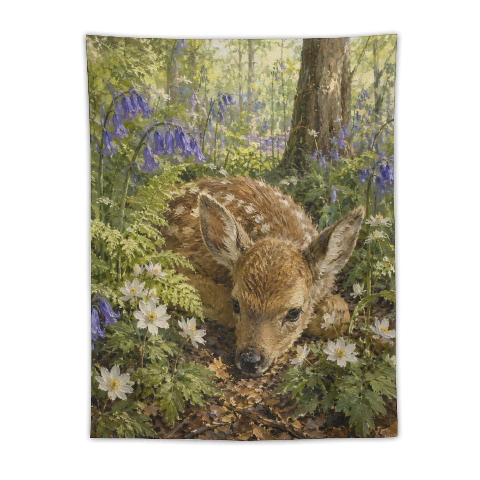 H3B8U2Y5 Fawn in Bluebell Forest Wall Tapestry, Woodland Wildlife