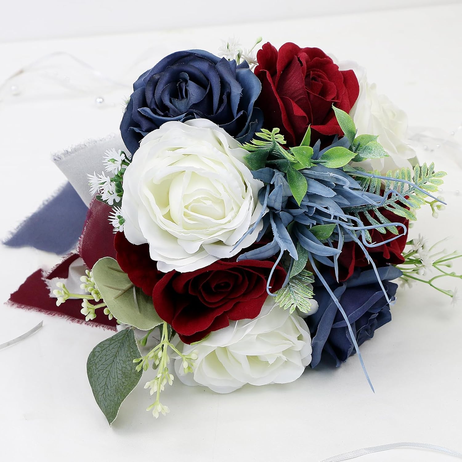 Wedding Bouquets for Bride - Artificial Bridal Bouquets Pre-Made Roses Flower Bouquets for Vintage Wedding or Centerpieces Decoration - Navy Blue & Burgundy - Image 4