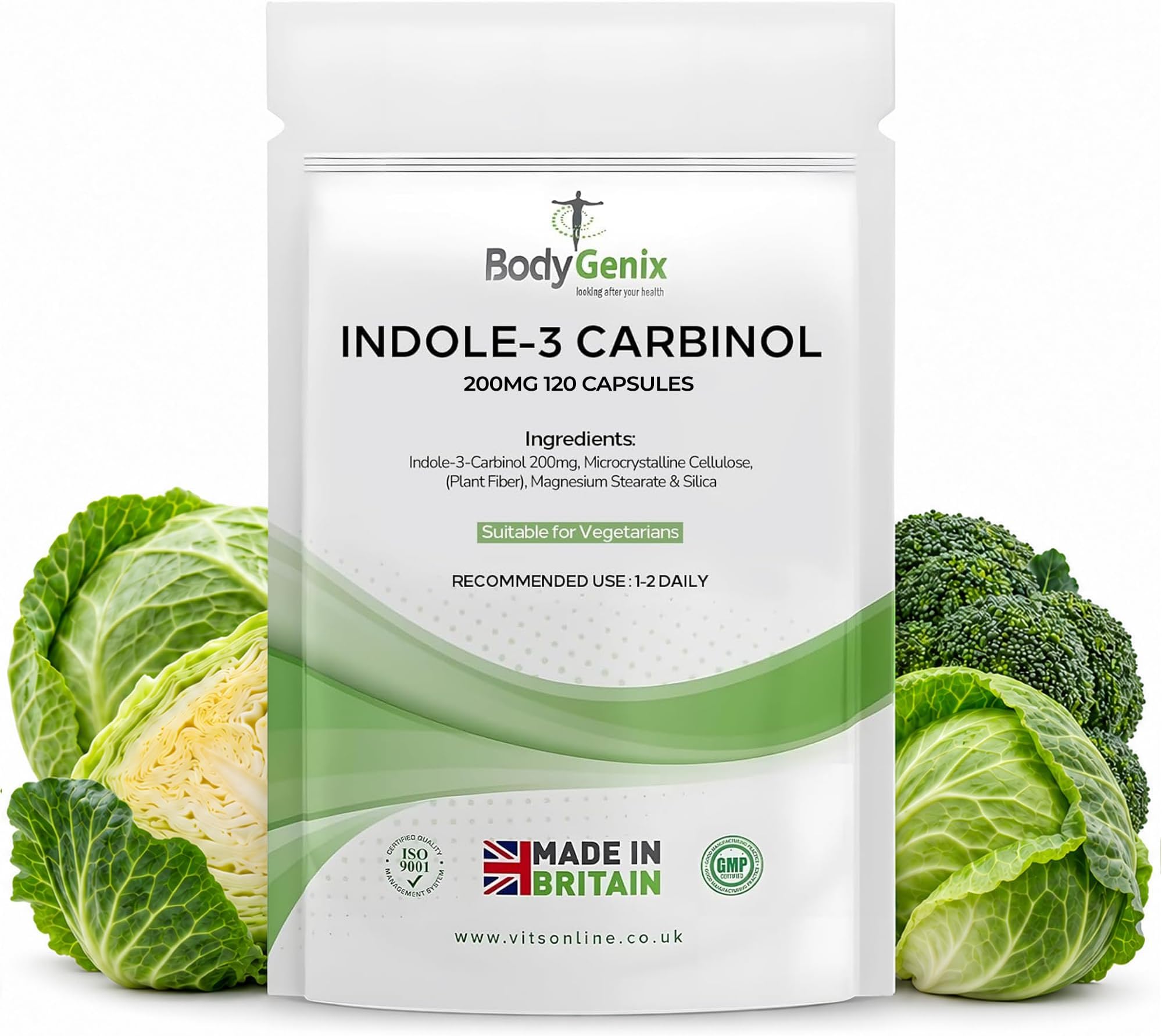 Bodygenix Indole-3 Carbinol 200mg Vegan Capsules Hormonal Balance Immune System Detoxification Support Natural Food Supplement - 120 Capsules 4 Month Supply