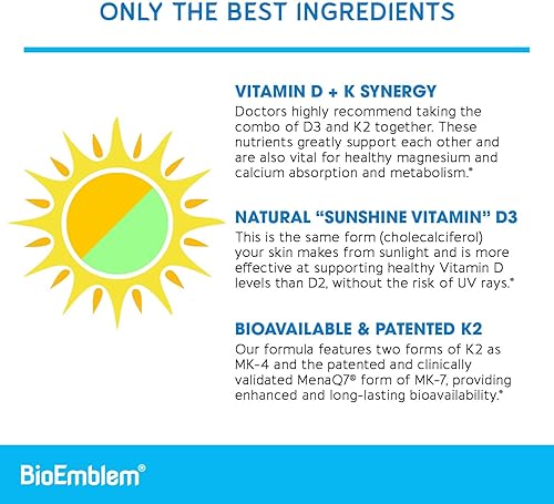 Miniatura 3 de BioEmblem Cápsulas de vitamina D3 K2 (5000IU y 200 mcg)  MK7 y MK4 patentadas para apoyo complejo 3 en 1  Suplemento vegetariano de vitamina D K2