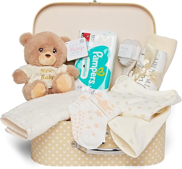 Newborn Baby Basket Briefcase Style - Cream Baby Keepsake Box with Bear, Muslin, Clothes and Other Baby Essentials - Baby Basket for Baby Shower
