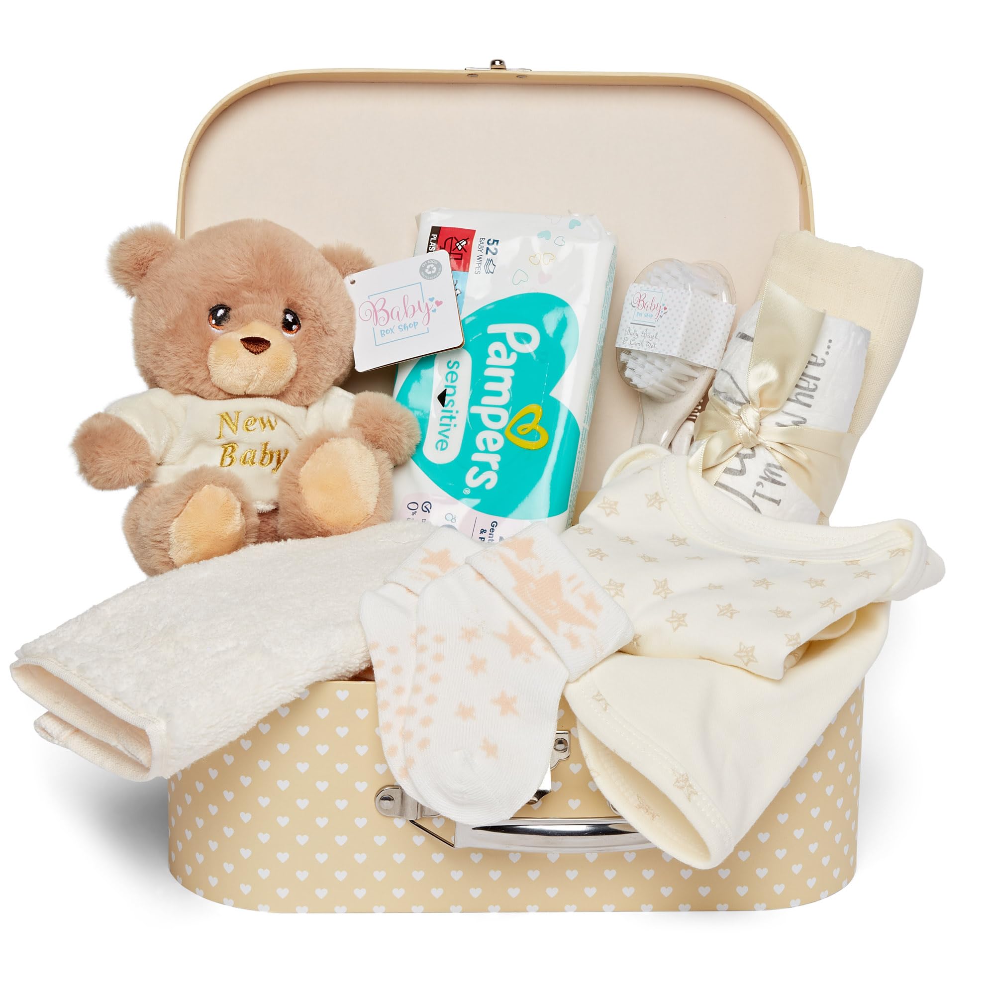 Baby Box Shop - Baby Shower Hamper for New Baby with Newborn Essentials Teddy Bear and Neutral Keepsake Box