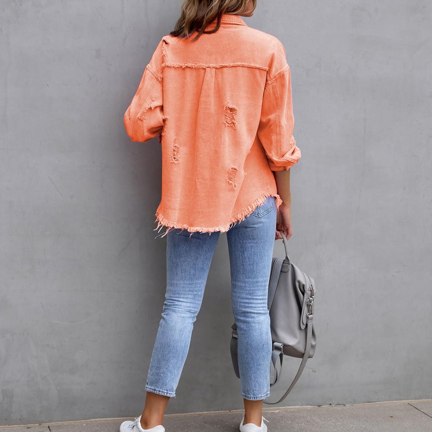 Women's Oversized Distressed Denim Shirt Long Sleeve Jean Button Down Shirt Top Y2k Trendy Spring Fall Casual Shacket - Image 5