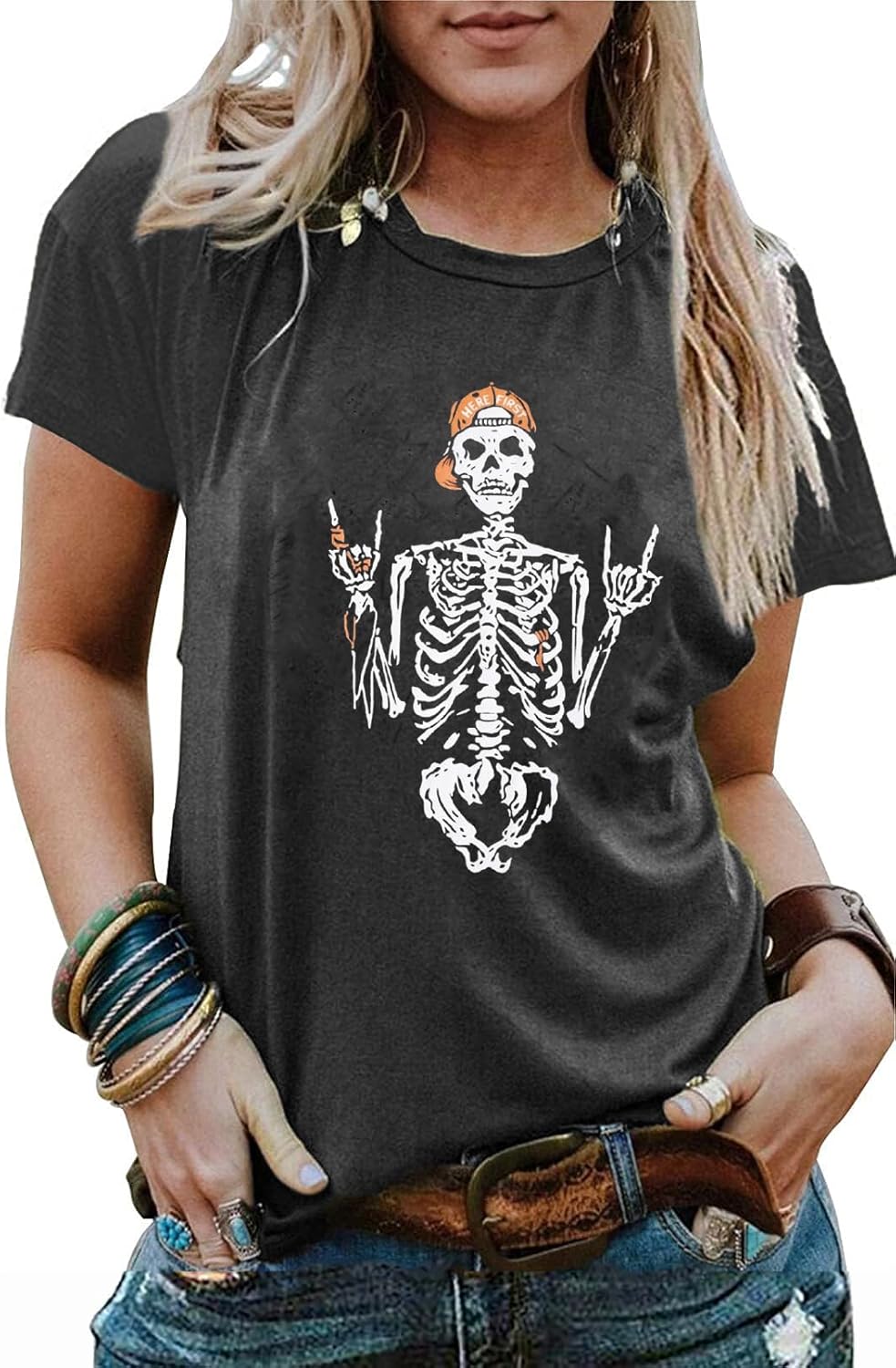 Skull Shirts for Women Gothic Skeleton Print Vintage Graphic Casual Cotton Tops Funny Workout Athletic Shirts