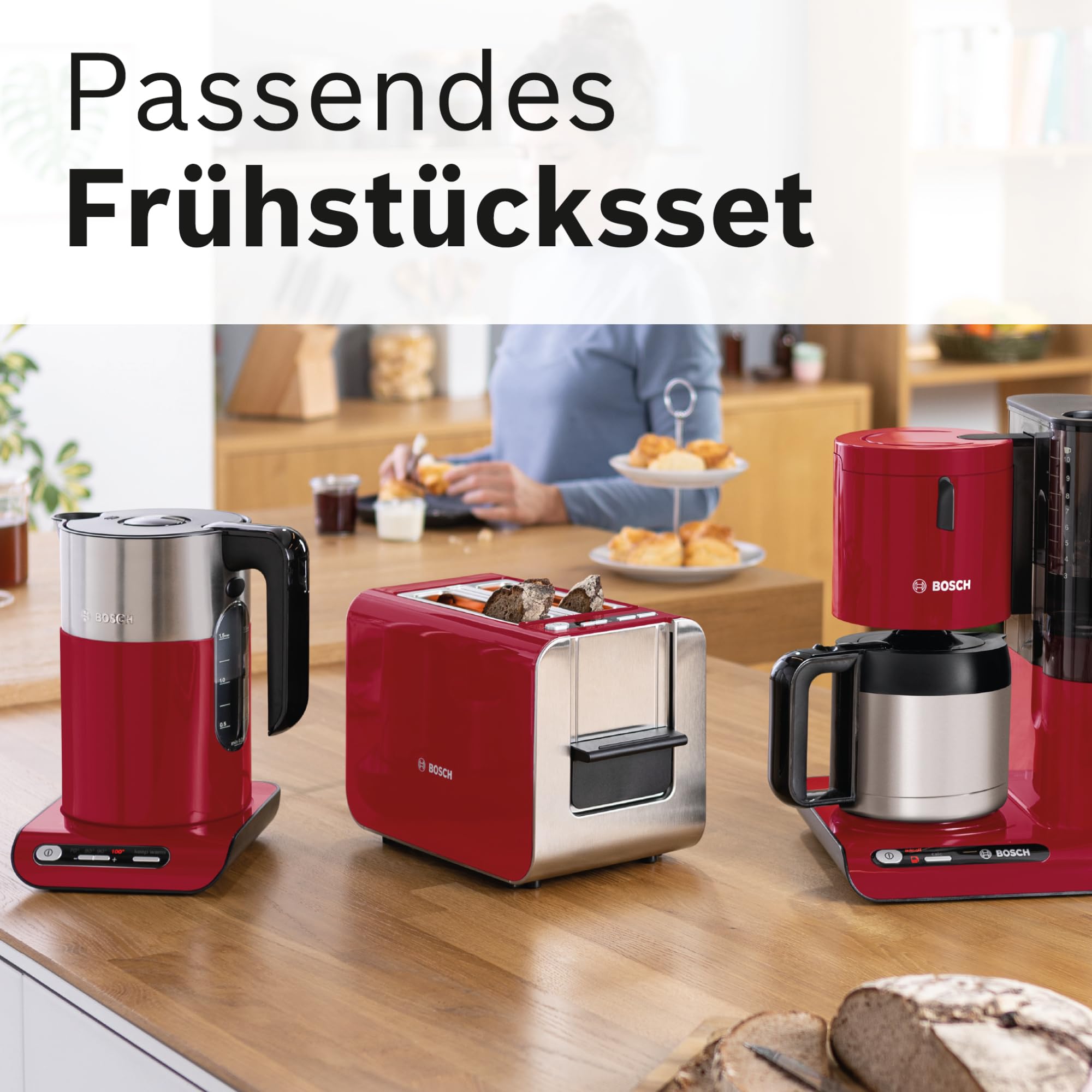 Bosch Wasserkocher Styline TWK8614P, Abschaltautomatik, Überhitzungsschutz, Temperaturwahl, Warmhaltefunktion, 1,5 L, 2400 W, rot