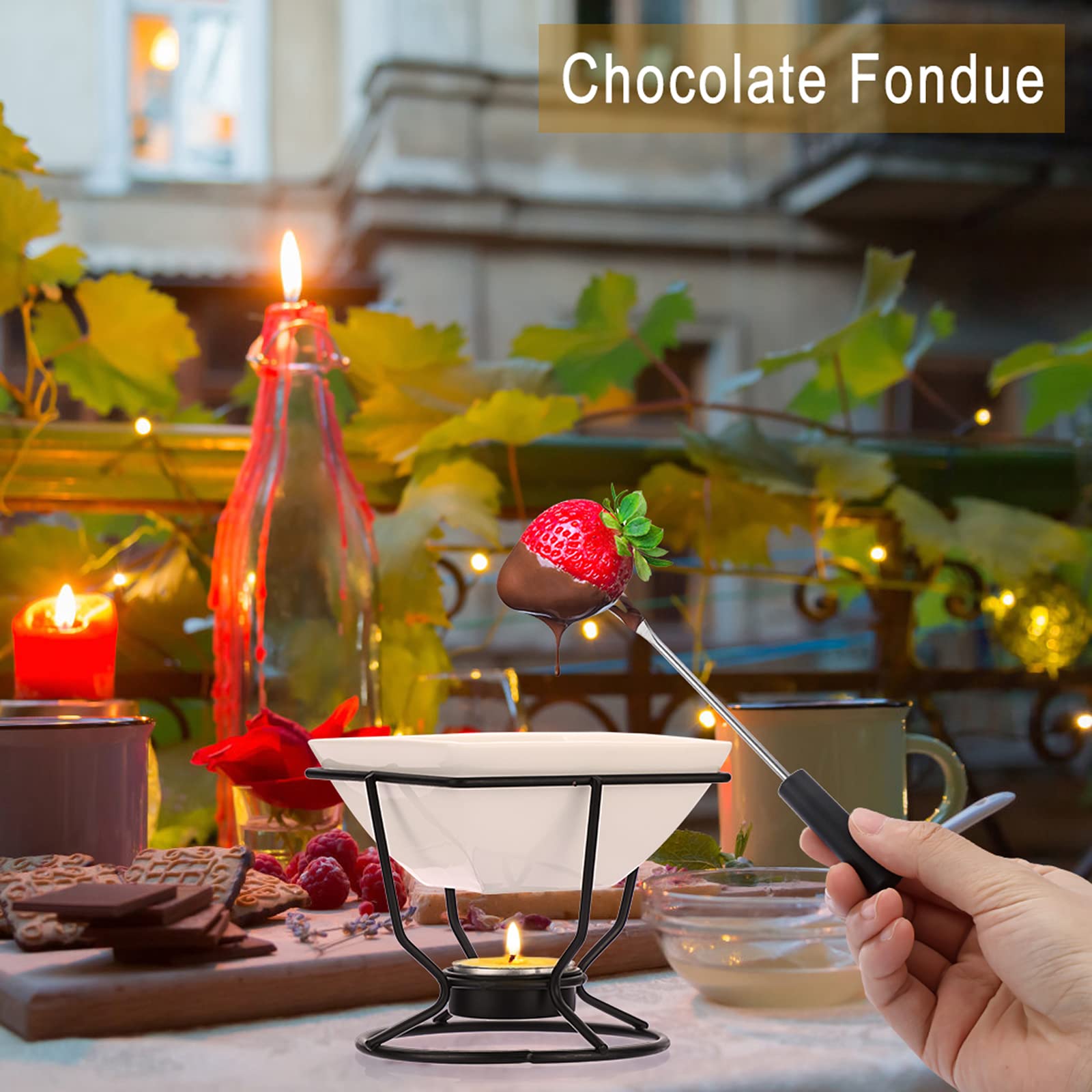 SUMNACON Set di pentole in ceramica con 2 forchette di cioccolato, fonduta di formaggio, fonduta per cioccolato, formaggio, fonduta, cena di famiglia, dessert, feste di vacanza, bianco quadrato