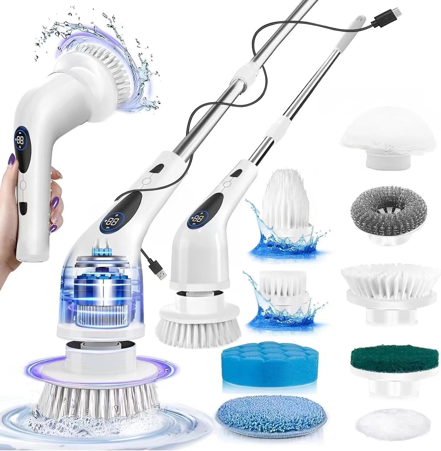 Electric Spin Scrubber, Cordless Cleaning Brush with Adjustable Extension Arm，with 9 Replaceable Brush Heads, 3 Adjustable Speeds Shower Scrubber Suitable for Bathroom, Tile and Floor.Voice Broadcast (B0CZL5JN9S) Amazon Price History, Amazon Price Tracker