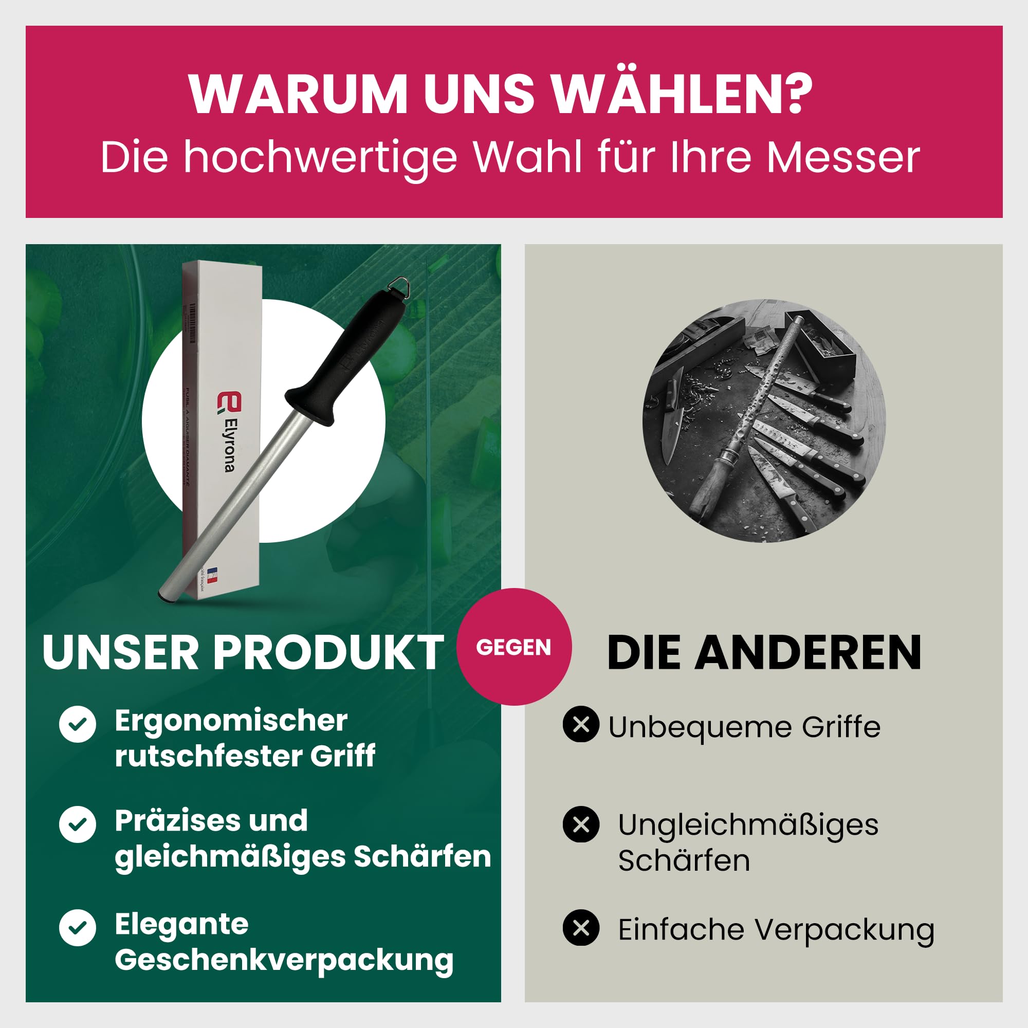 Messerschärfer Diamant 25cm – Profi Wetzstahl für Messer & Küchenmesser – Messerschleifer & Schleifstab mit Anti-Quetsch-Griff – Hochwertiger Edelstahl – Inkl. Reinigungsbürste