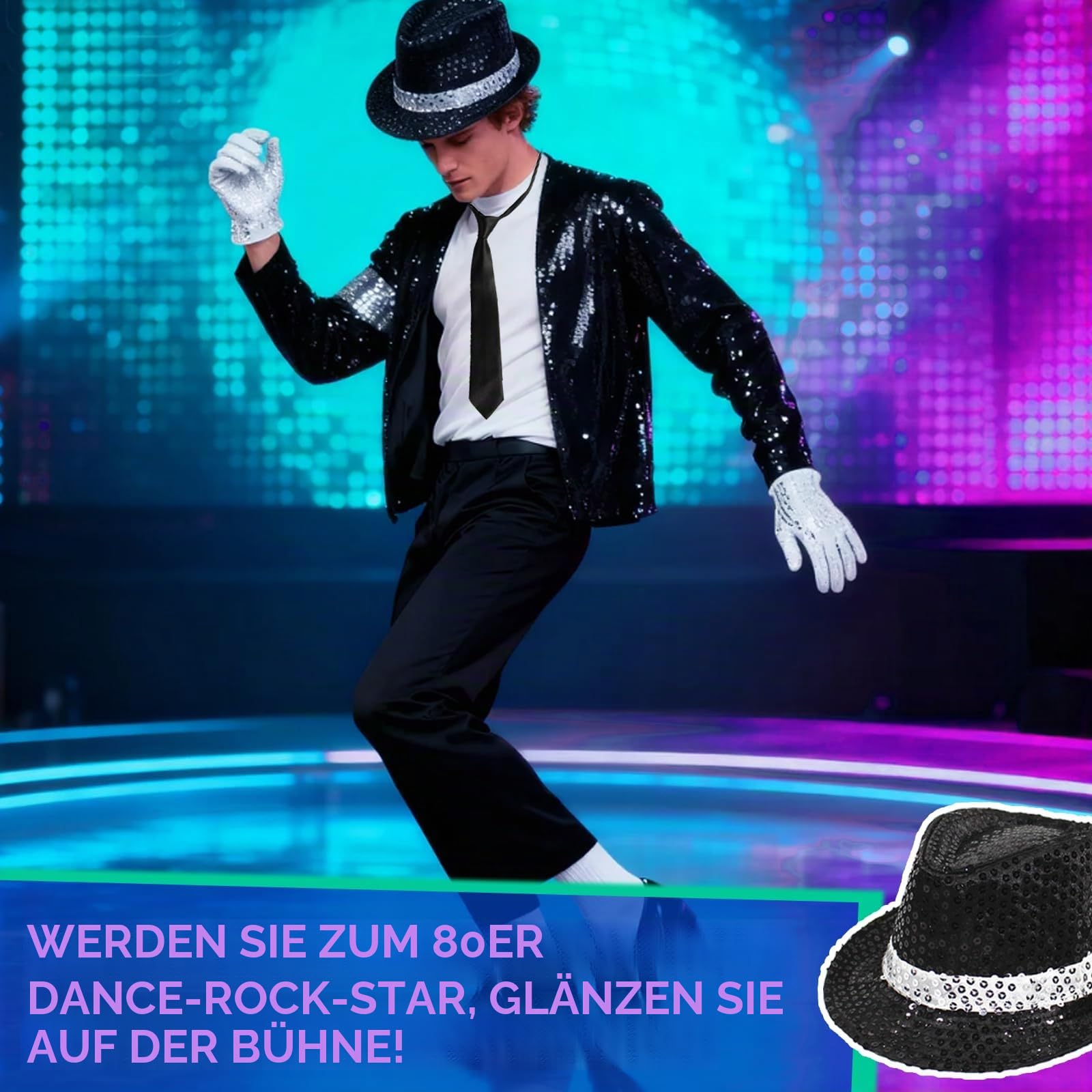 Erwachsenenkostüm King of Pop, 80er Jahre Tänzerin Rocker Star Cosplay Verkleidung Kostüm Zubehör mit Jazz Pailletten Hut Jacke Top Hose Handschuhe Socke Krawatte King of Pop für Halloween Karneval 80
