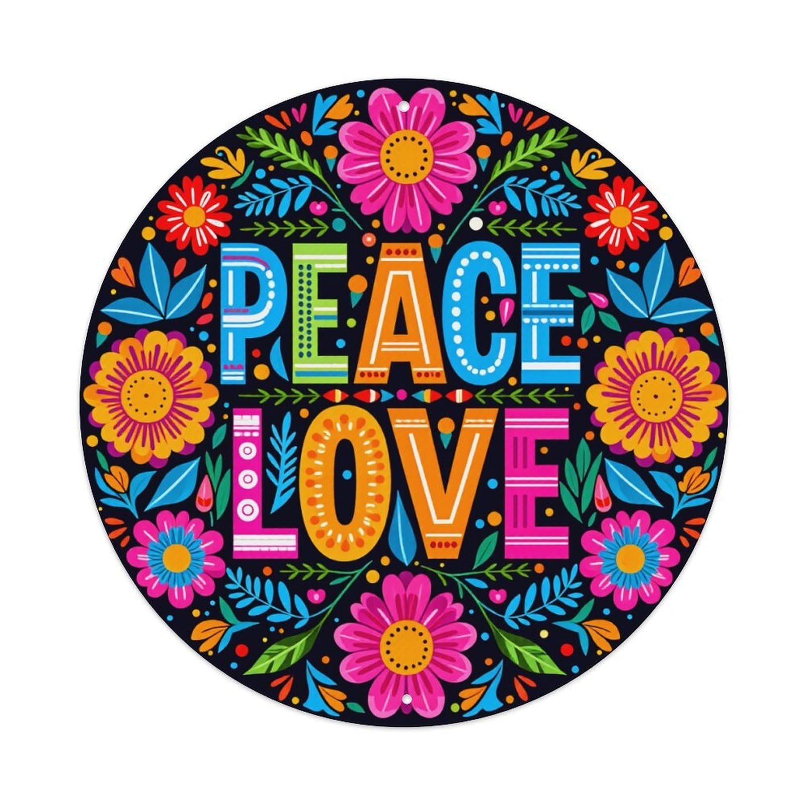 Colorful Floral Peace Love Pattern Round Tin Sign Vintage Metal Poster Retro Bar, Home, Man Cave, Kitchen, Laundry Room Wall Art Decor Gift 8x8Inch