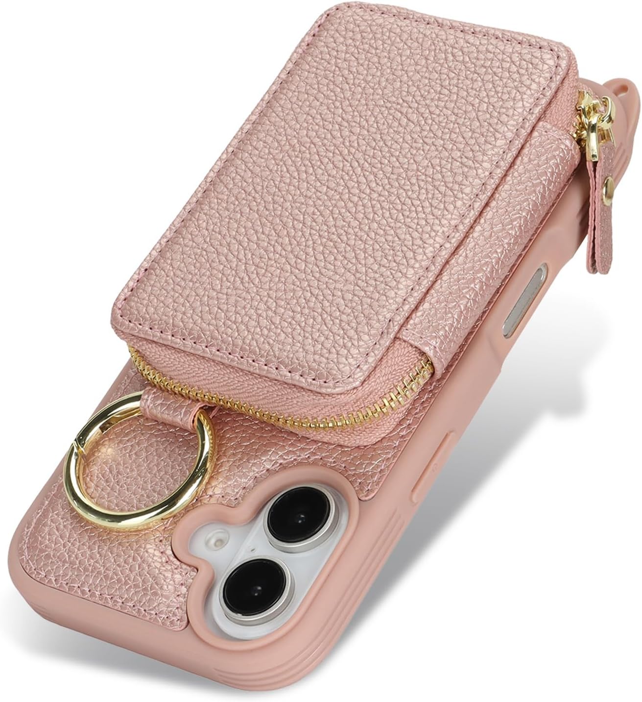 Jaorty Crossbody Wallet Case for iPhone 17 with Shoulder Stap,Finger Ring, PU Leather Zipper Handbag Purse Flip Cover, Kickstand Folio Case with Card Slots Holder 5G 6.3 Inch, Rosegold