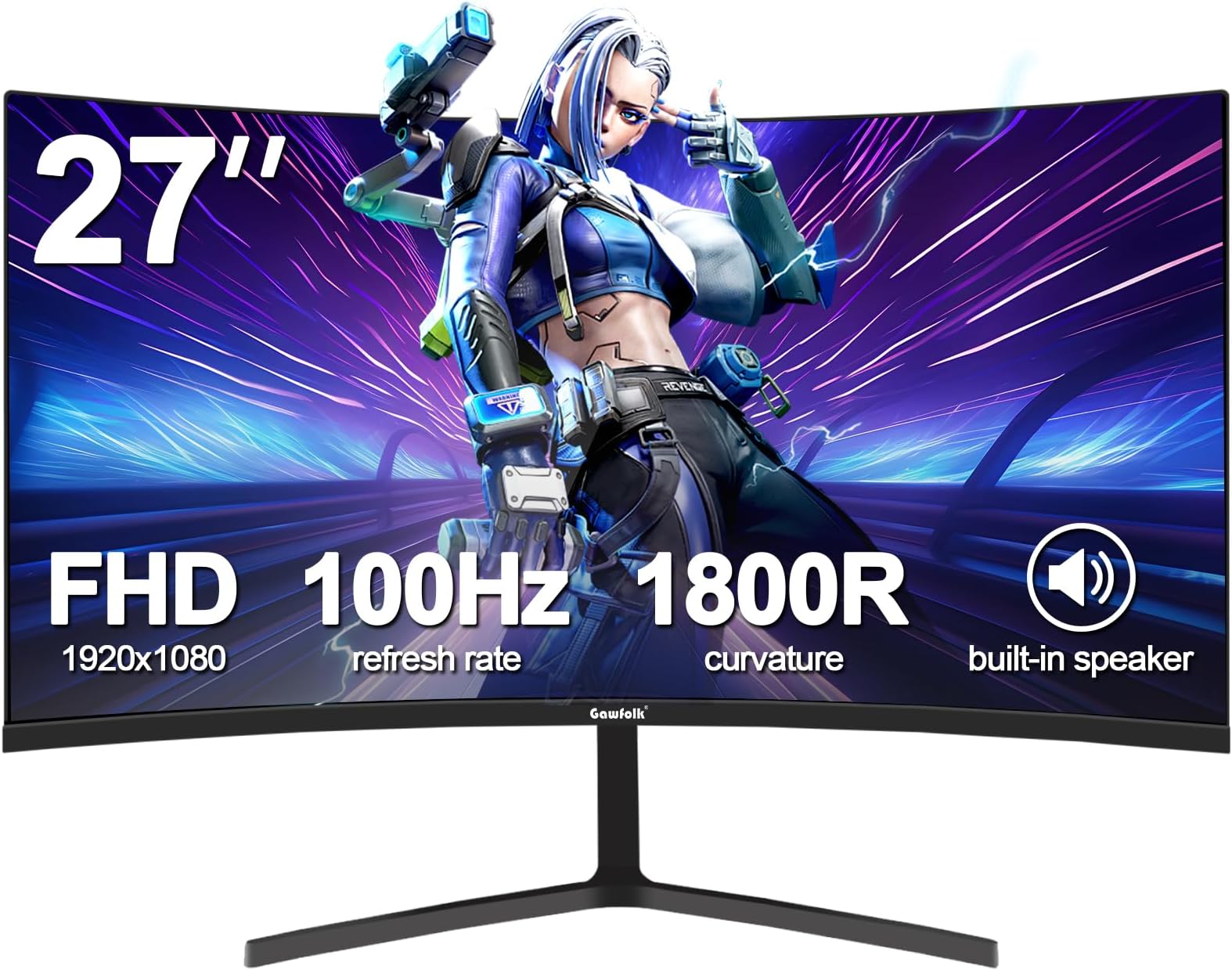 27 inch Gaming Monitor Full HD 100Hz Built in Speaker Curved 1800R Computer Monitors 1080P Frameless Display Screen 100% sRGB 300cd/m² Brightness Suitable for office, home and entertainment
