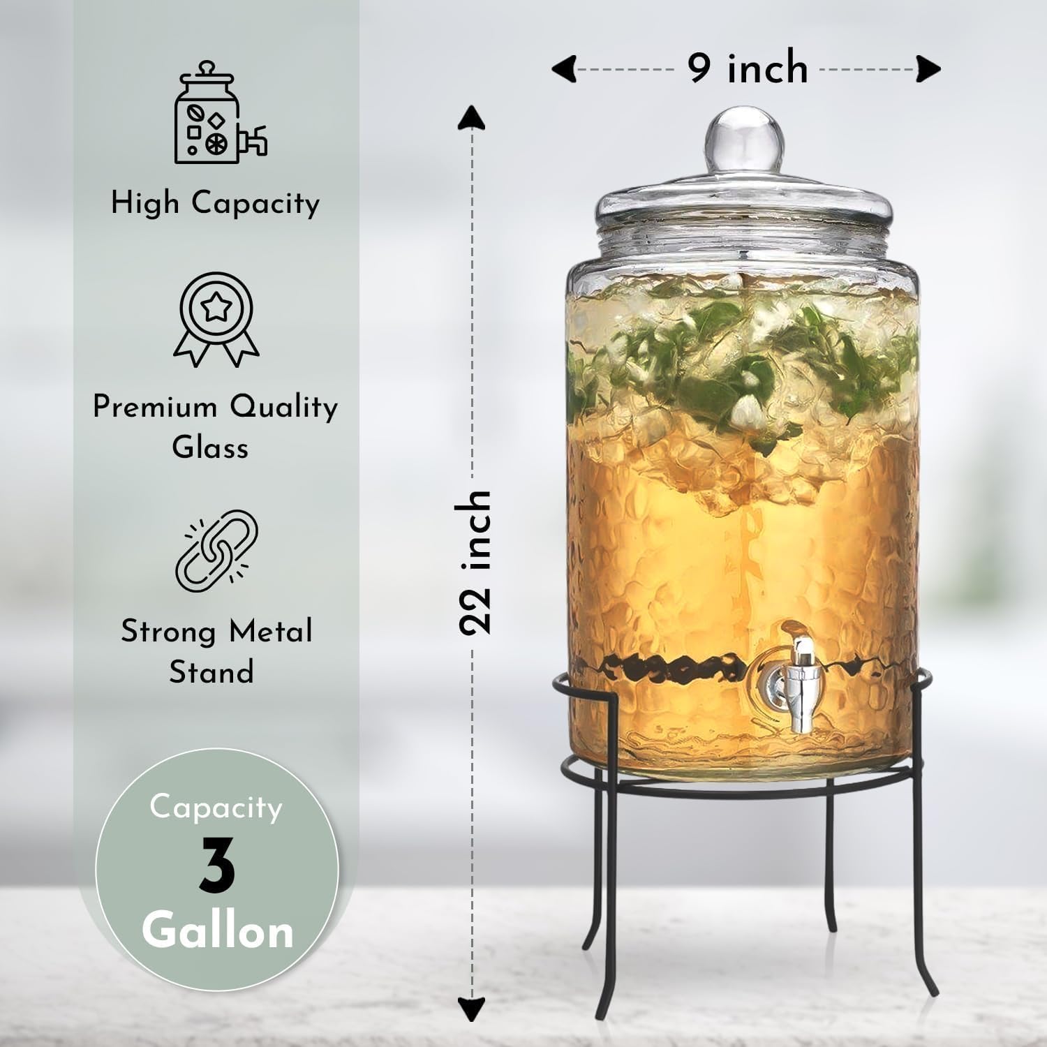 HC Classic Hammered Glass Ice Cold Beverage Drink Dispenser - 3 Gallon, With Glass Lid and Antique Metal Stand, 100% Leak Proof Spigot- Wide Mouth Easy Filling For Outdoor, Parties & Daily Use - Image 3