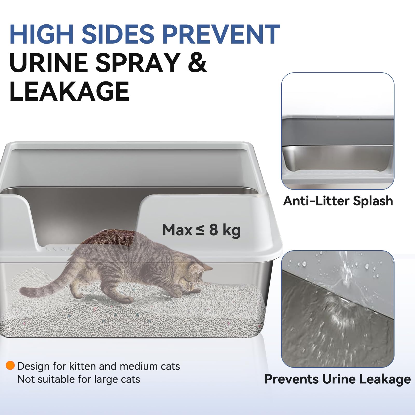 Katzenklo Edelstahl XXL, Stainless Steel Litter Box, Katzentoilette offene mit Metall Schaufel, Cat Litter Box hohem Rand, Katzentoilette Edelstahl, Katzenklo groß leicht zu reinigen-Grau