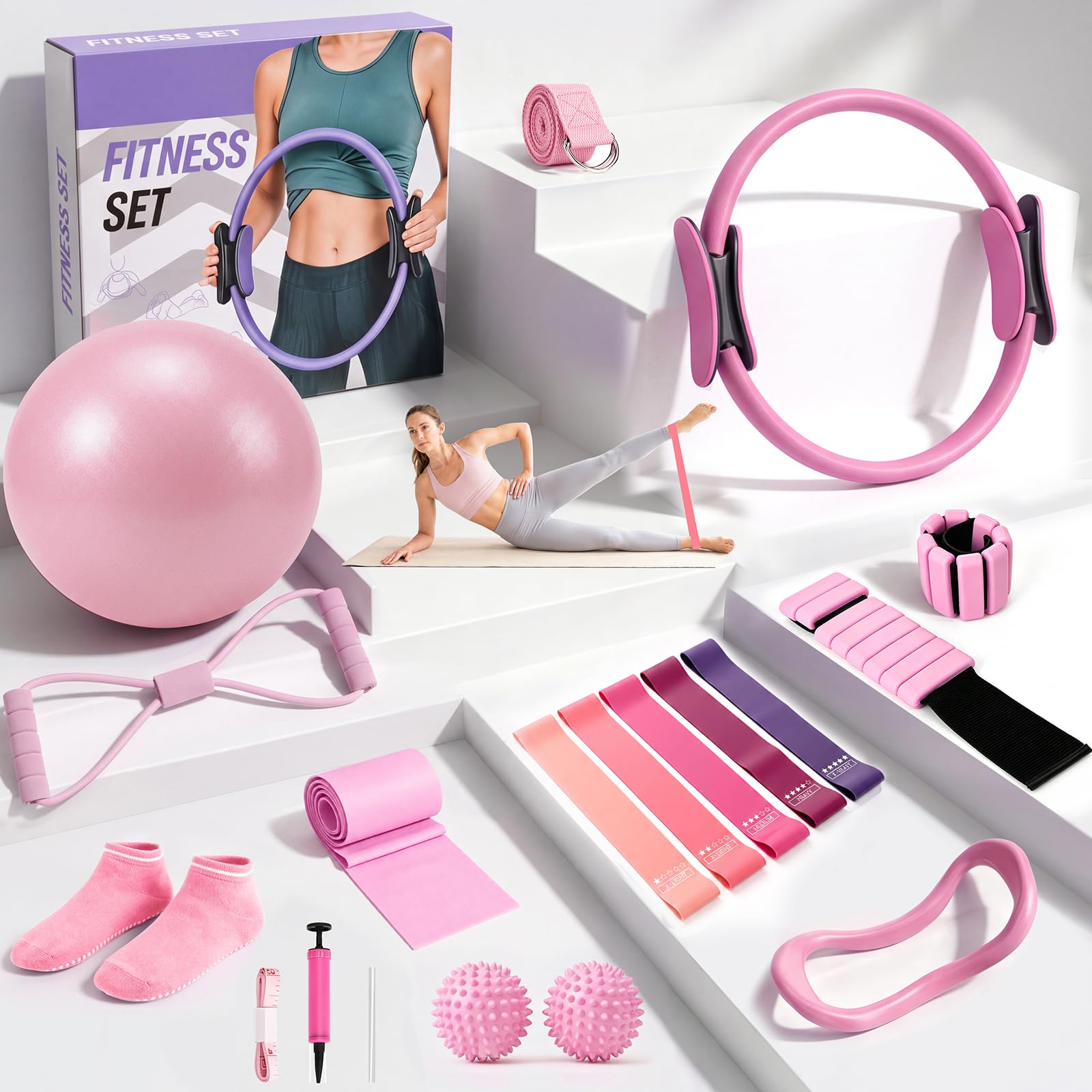 GoldHive 19 Pcs Pilates Set | Home Pilates Equipment Kit with Wrist Weights for Women EssentialsKit Yoga Kit Pilates Ring Mini Yoga Ball, Set Gift for Adult