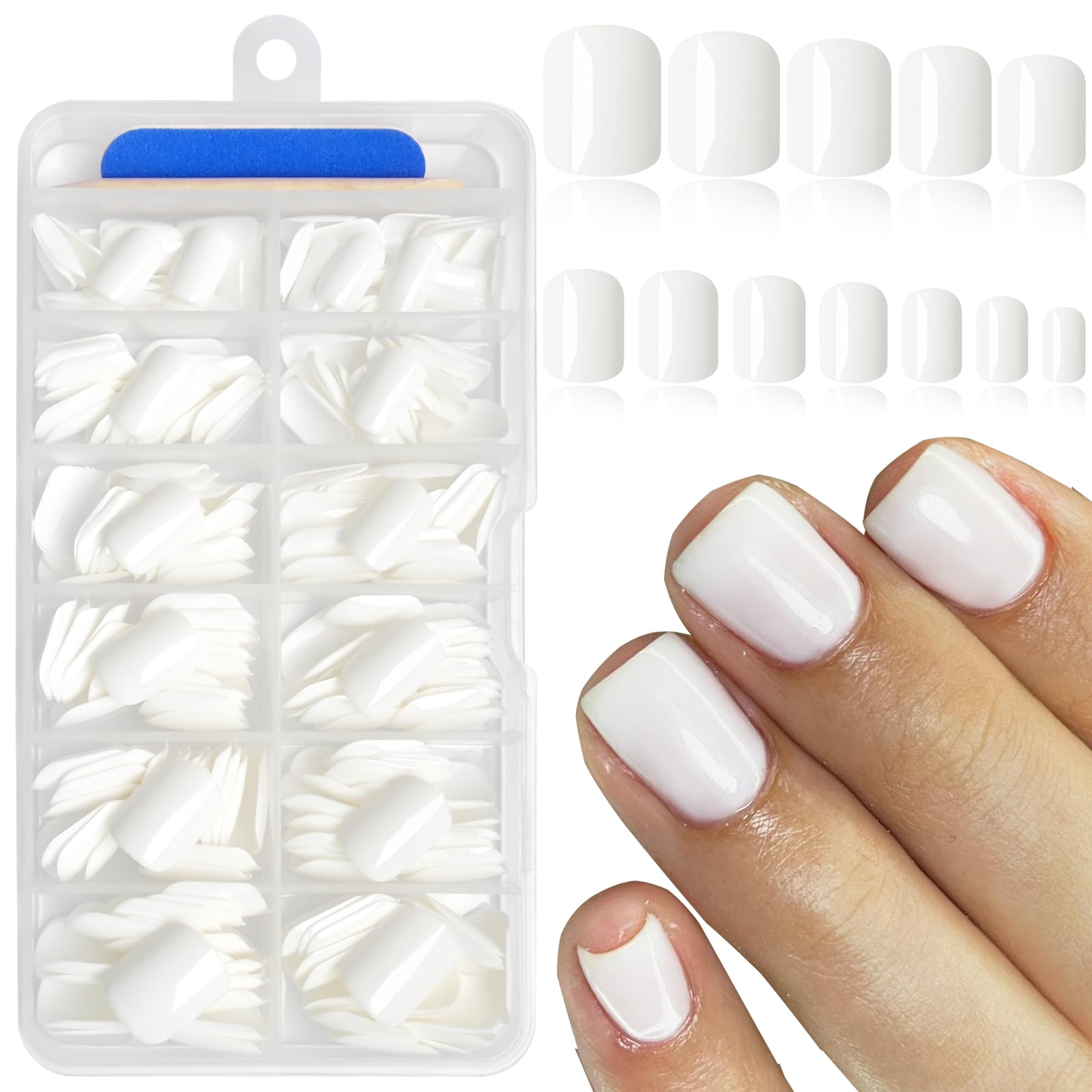 AddFavor White Press on Nails Short Square Fake Nails, 240pc Short Nails Press ons 12 Sizes Squoval False Acrylic Nail Stick on Nails for Women