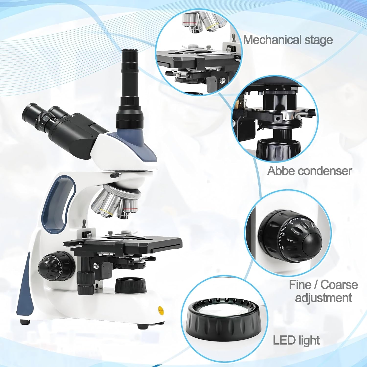 Swift Infinity-Corrected Compound Trinocular Microscope SW400, 40X-2500X Magnification, Infinity Achromatic Objectives, Two-Layer Mechanical Stage, with 5.0 Megapixel Camera and Slides