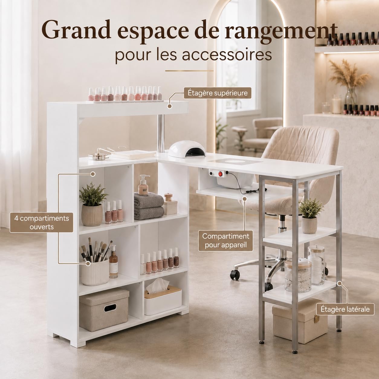 Table de manucure avec Aspiration étagères Blanche 175 x 45 x 110 cm