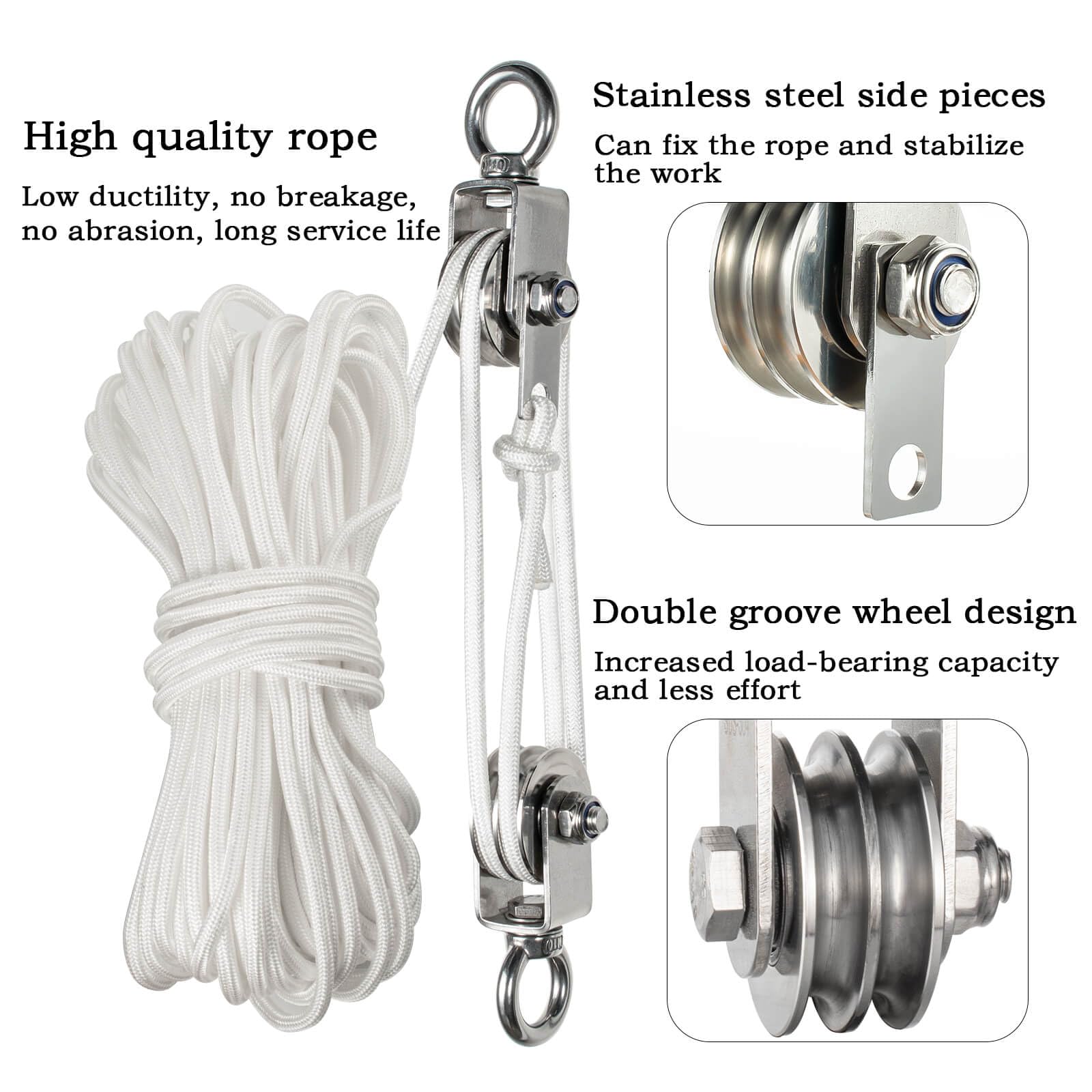 Heavy Duty Stainless Steel Pulley System - 1100lb Capacity -3