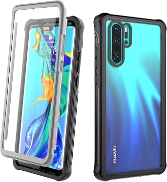 INF Cell Phone Case with Built-in Screen Protector Compatible with Huawei P30 Pro, 360 Full-Body Heavy Duty Shockproof Rugged Case with Clear Back and Reinforced CornersBlack/Grey