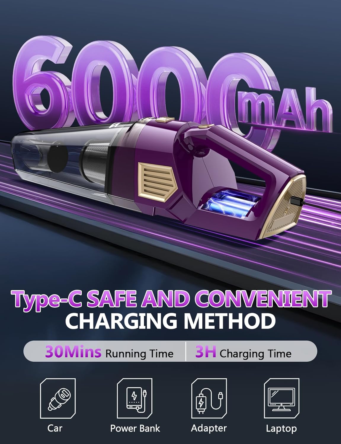 Handheld Vacuum Cordless, 15000PA Powerful Suction Hand Held Car Vacuum Cleaner Rechargeable with Multi-Nozzles & Washable Filters, High Power Lightweight Dust Busters for Home, Pet, Car, Office - Image 5