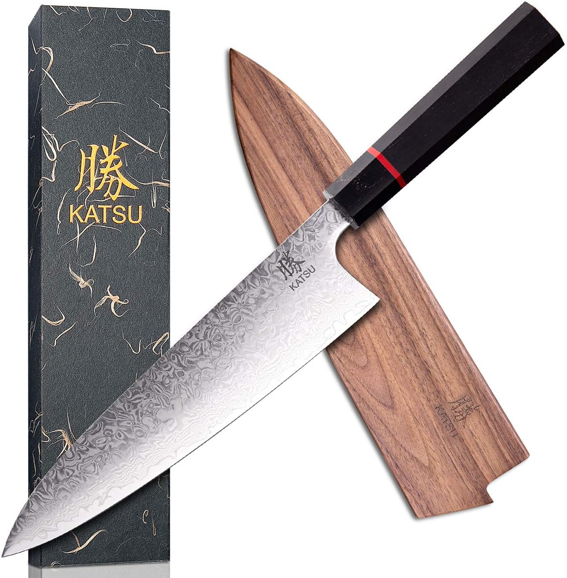 KATSU Japanese Professional Kitchen Chef Knife，8 Inch Damascus Steel,Handcrafted Octagonal Wood Handle,Walnut Wood Magnetic Sheath with Gifts Box