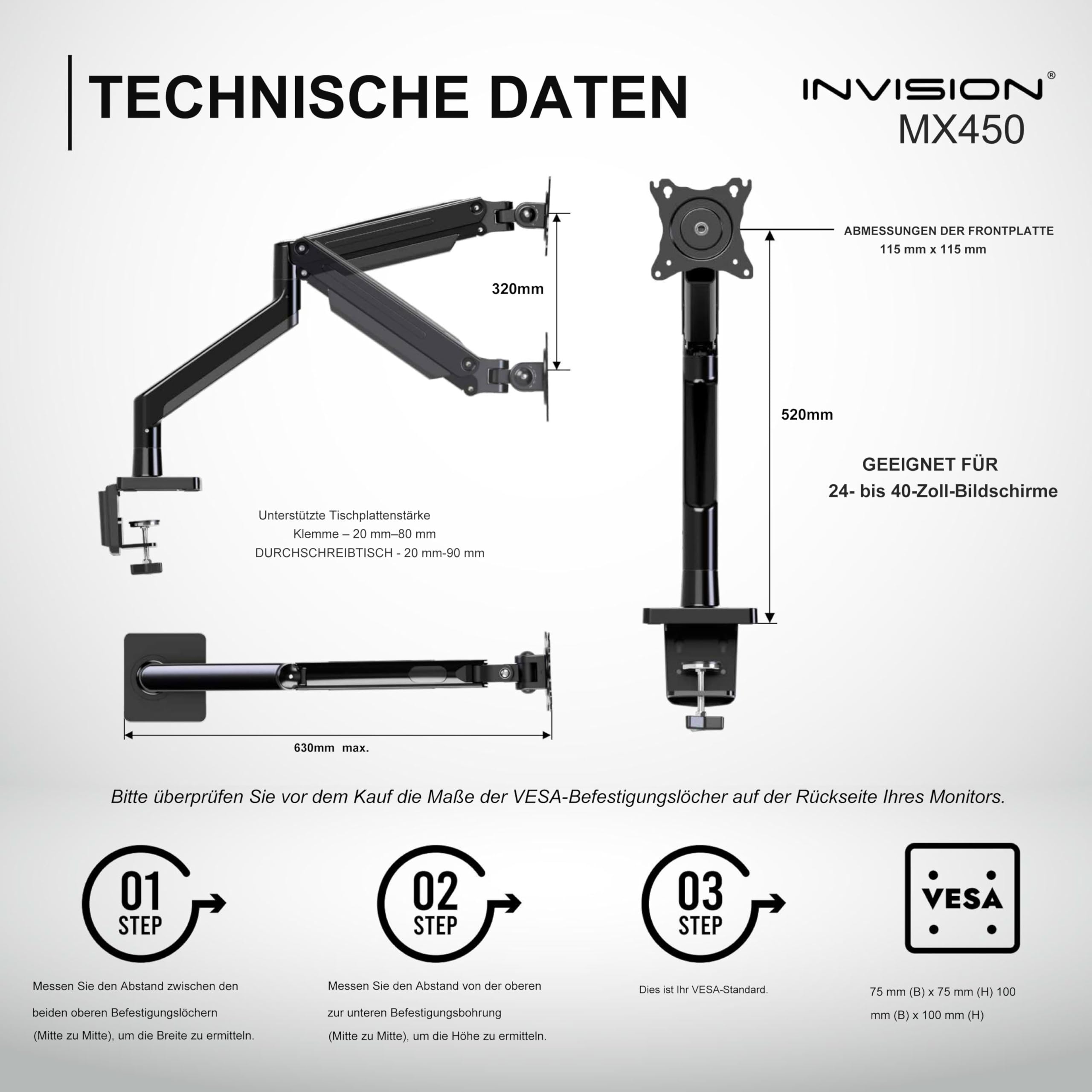 Invision Monitorarm Halterung fur Monitore von 24"-40" VESA 75/100mm ergonomisch höhenverstellbare Schreibtischklemme 2-15 kg (MX450)