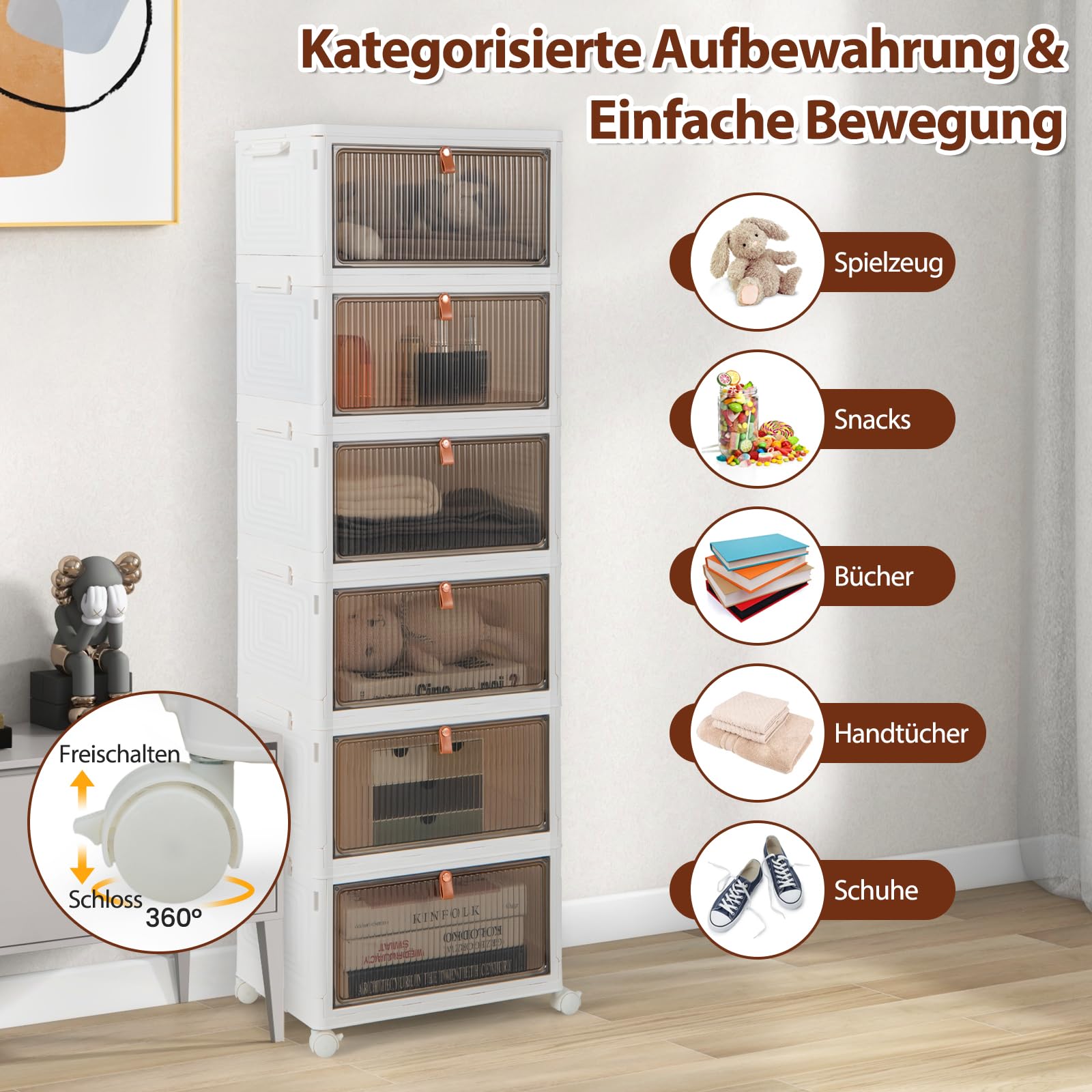 GOPLUS Aufbewahrungsbox mit Deckel, Stapelbare Ordnungsbox mit Türen, Transparent Klappbox mit Rollen, Schuhboxen Ordnungsboxen für Wohnzimmer & Schlafzimmer (6 Ebenen)
