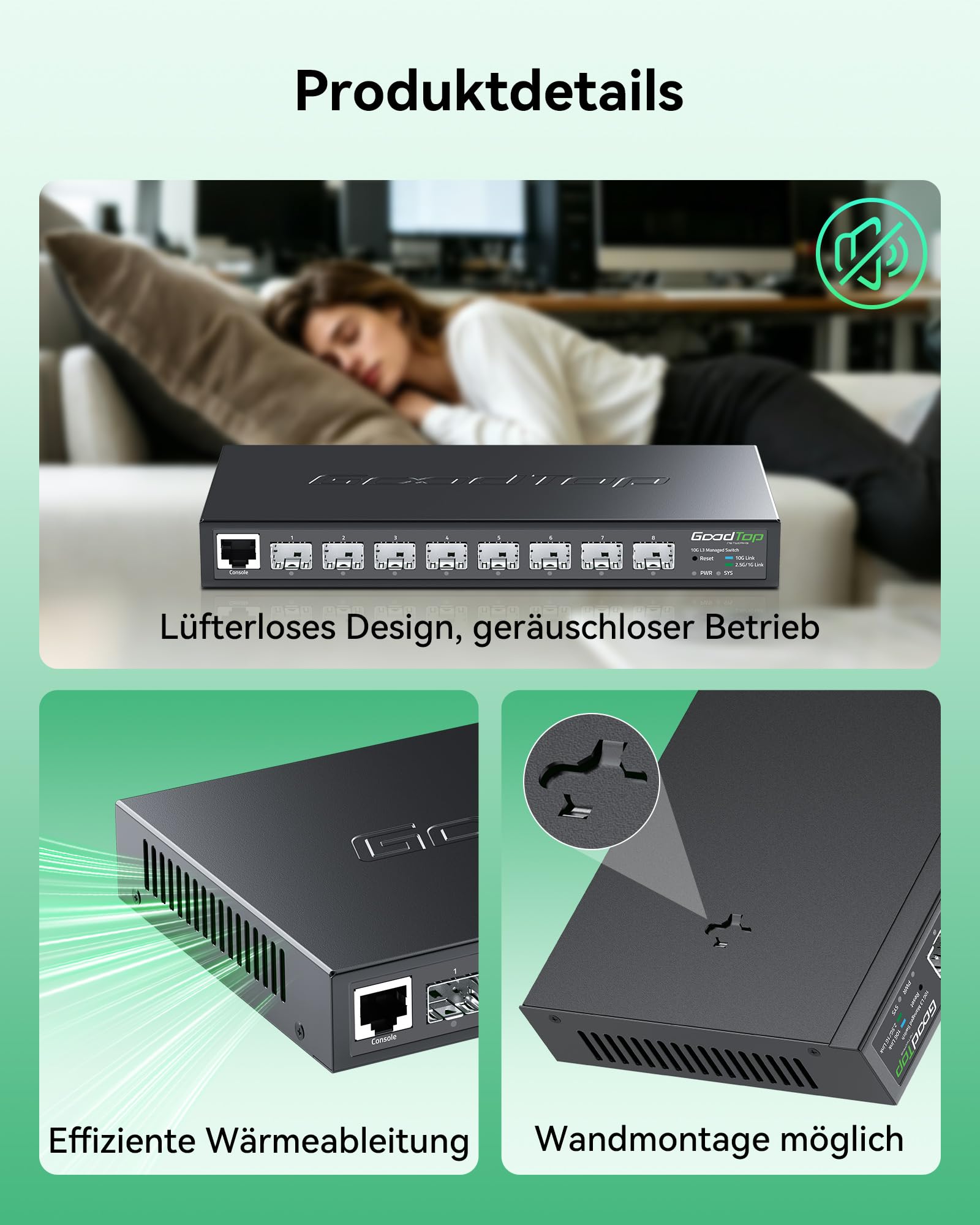 8-Port 10Gb Switch, L3 Switch Managed, Unterstützt OSPF/RIP/VLAN/QoS/LACP | 10 Gbit Netzwerk-Switch nur mit SFP+ Slots | Lüfterlos | Metallgehäuse | Layer 3 Switch mit Web/CLI Verwaltung