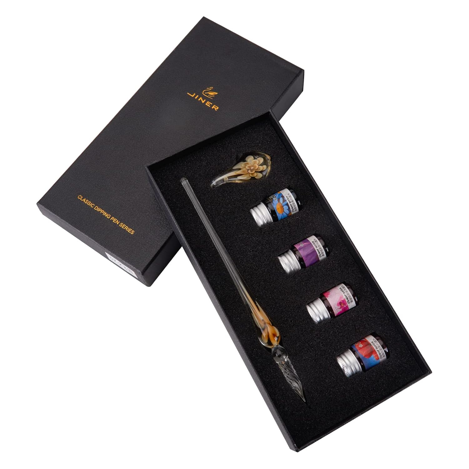GOLD LEAF Flower Design Orange Glass Dip Pen Set, 5-Pieces Calligraphy Pen Set – 4 Color Inks,1 Crystal Glass Pens for Art, Writing, Signatures (Orange)