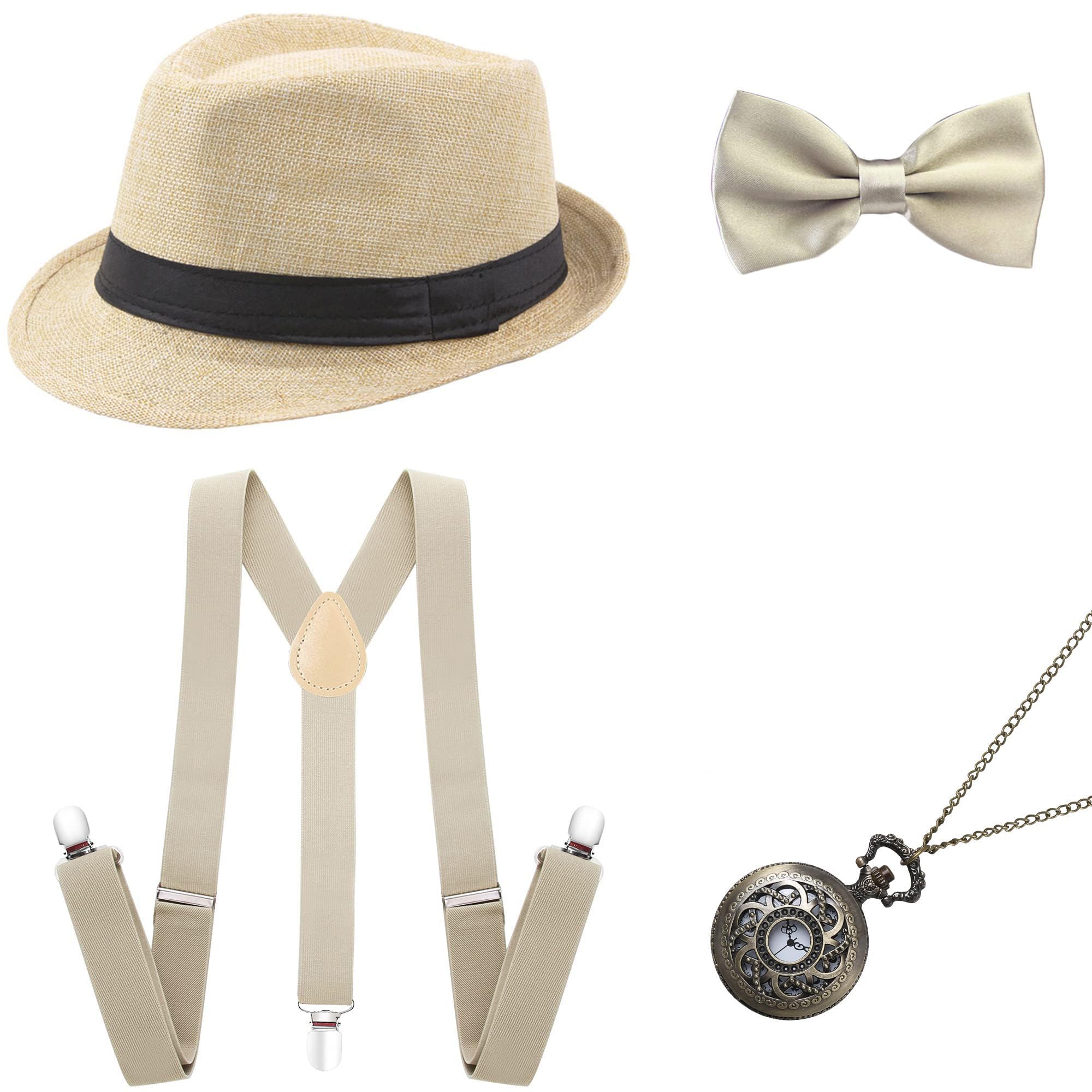 BABEYOND 1920s Mens Gatsby Gangster Accessories Set Panama Hat Suspender Bow Tie