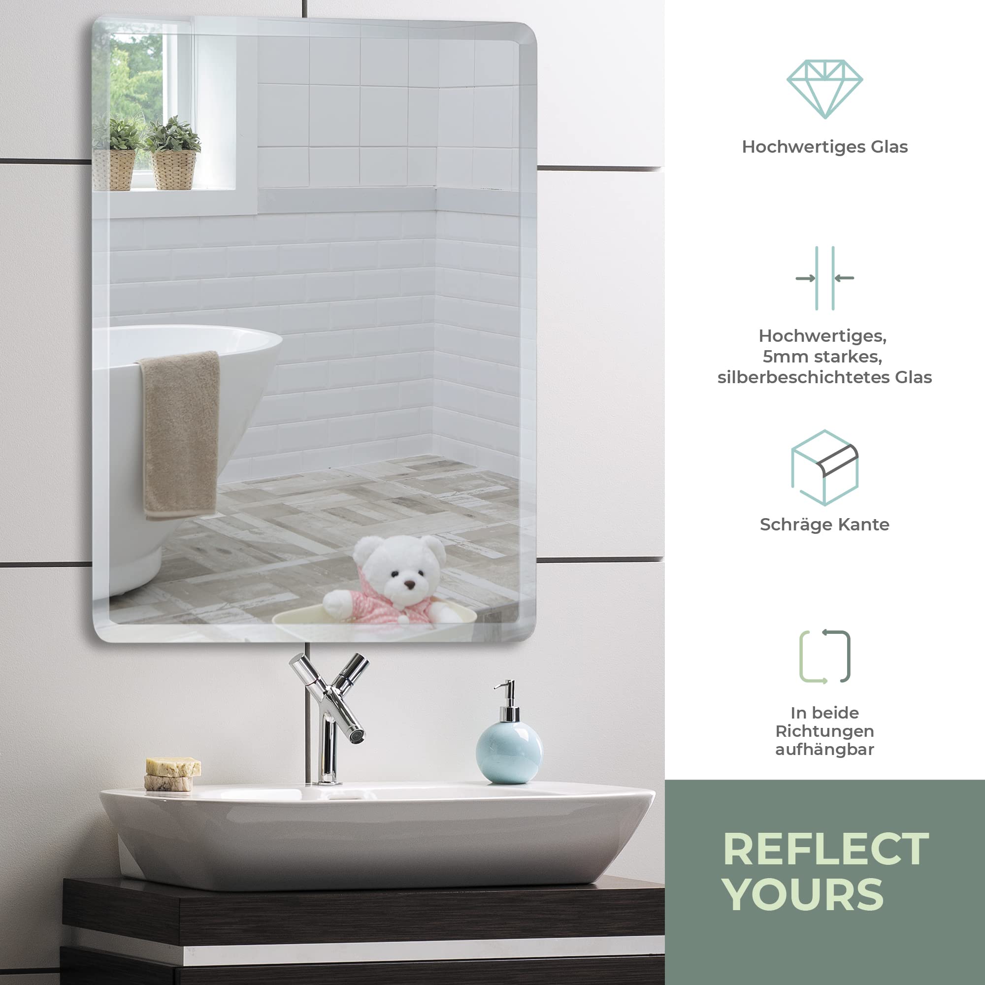 Mood® Premium Rectangular Bathroom Mirror, Wall Mounted Bevelled Frameless Mirrors, Hangs Both Ways, Toilet Bedroom Hallway, (70cm x 50cm)