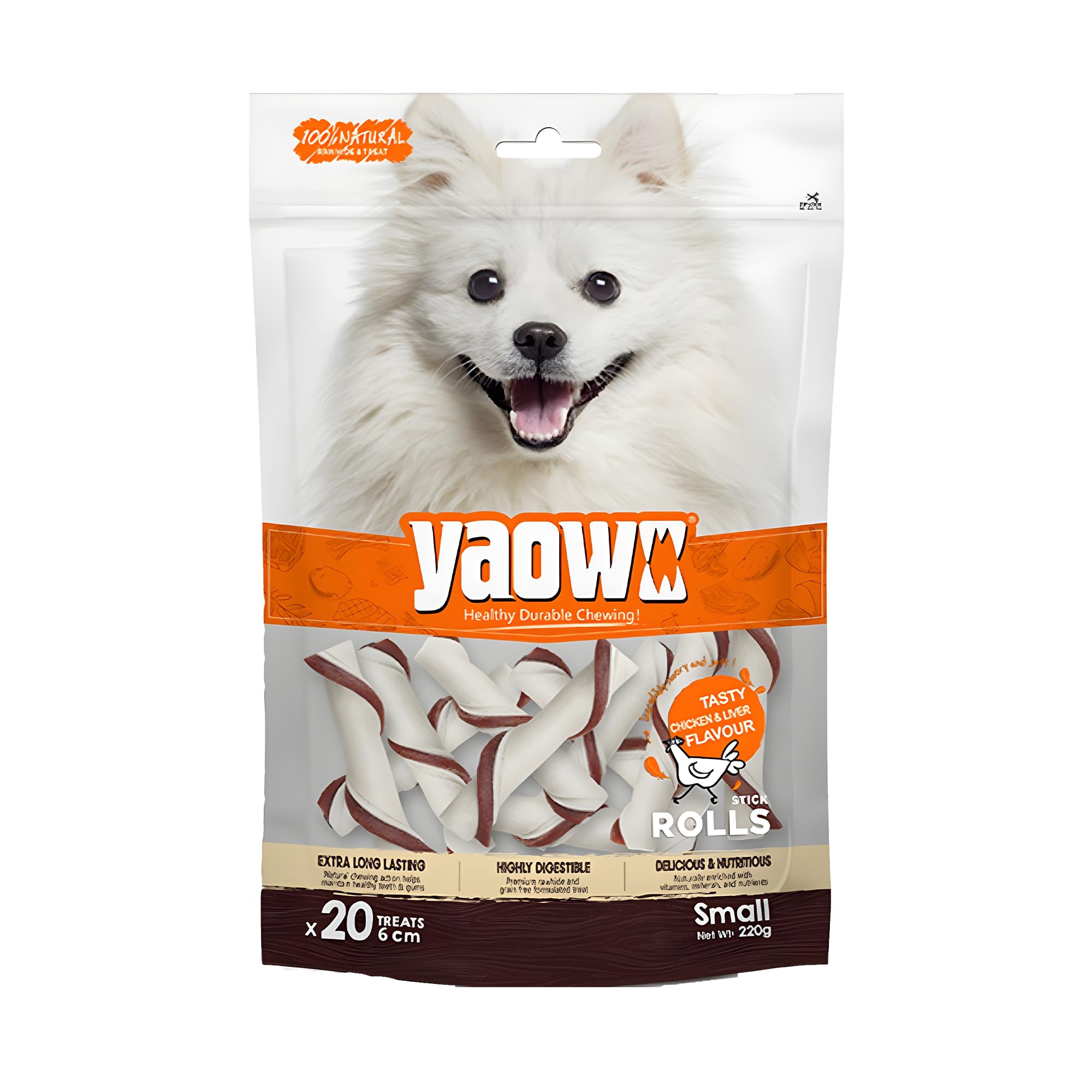 Yaowo Digestible & Durable, Promotes Healthy Teeth Strong Bones and Joints, 5` Stick Roll 220gm (Pack of 1) Sold by DogsNCats