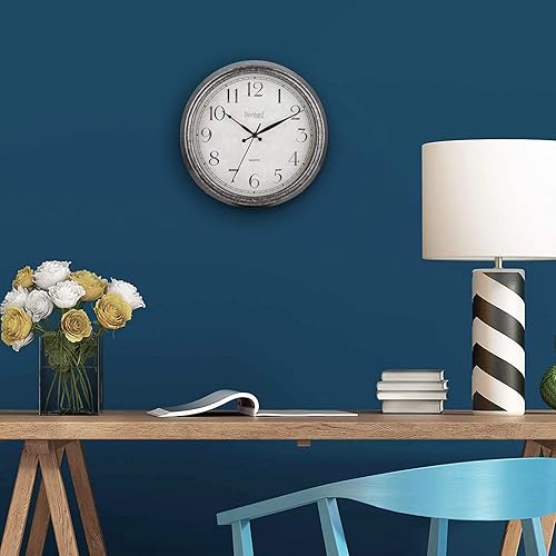 Miniatura 4 de Bernhard Products Reloj de pared rústico de 14 pulgadas, silencioso, sin tictac, funciona con pilas, decorativo, texturizado, rústico, granja, gris,
