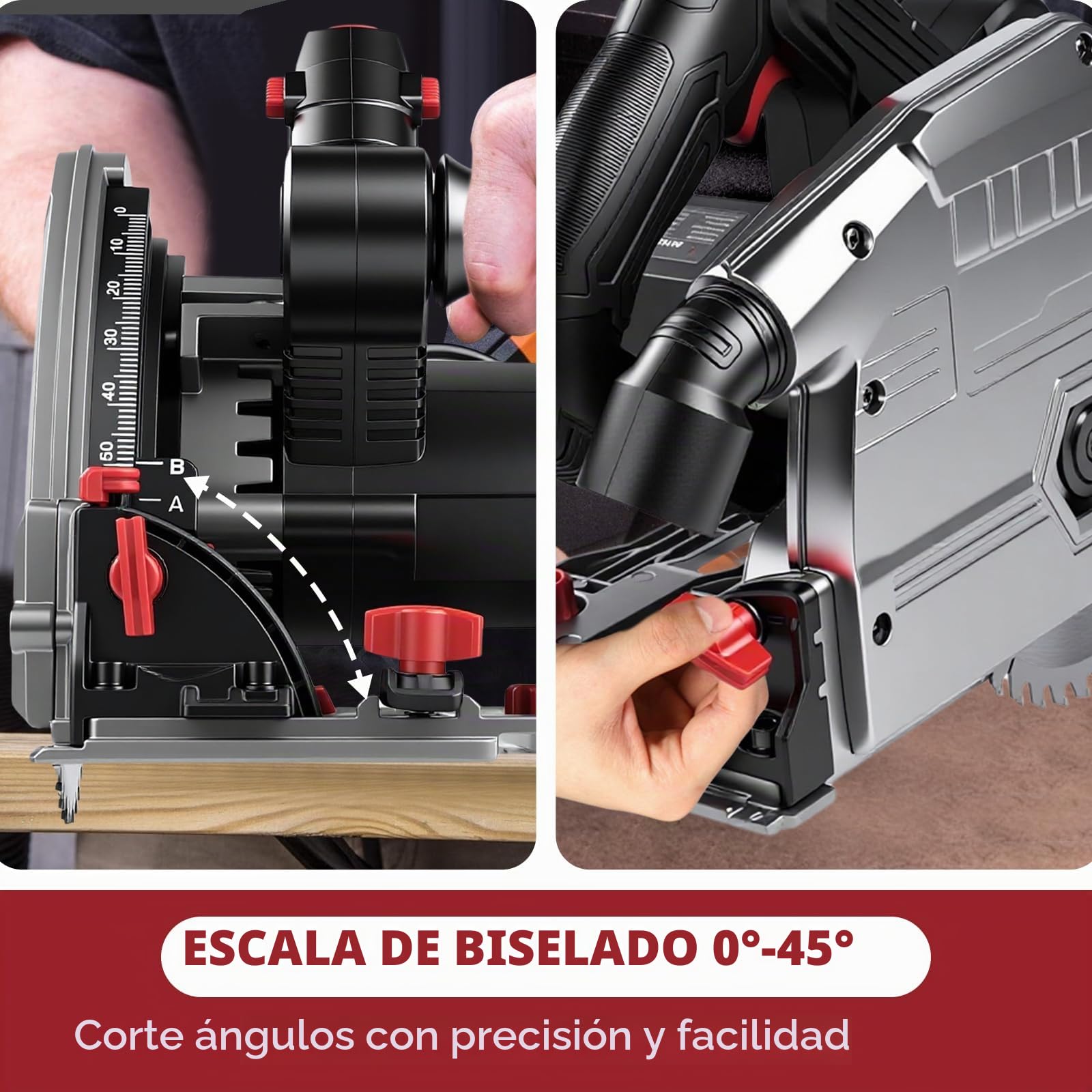 Sierra Circular 1200W con Guia de Corte, Sierras Inmersión de Mano 5000RPM, Profundidad de Corte 57mm(90°), 42mm(45°), Hoja de Sierra 165mm(40T), para Cortar Madera