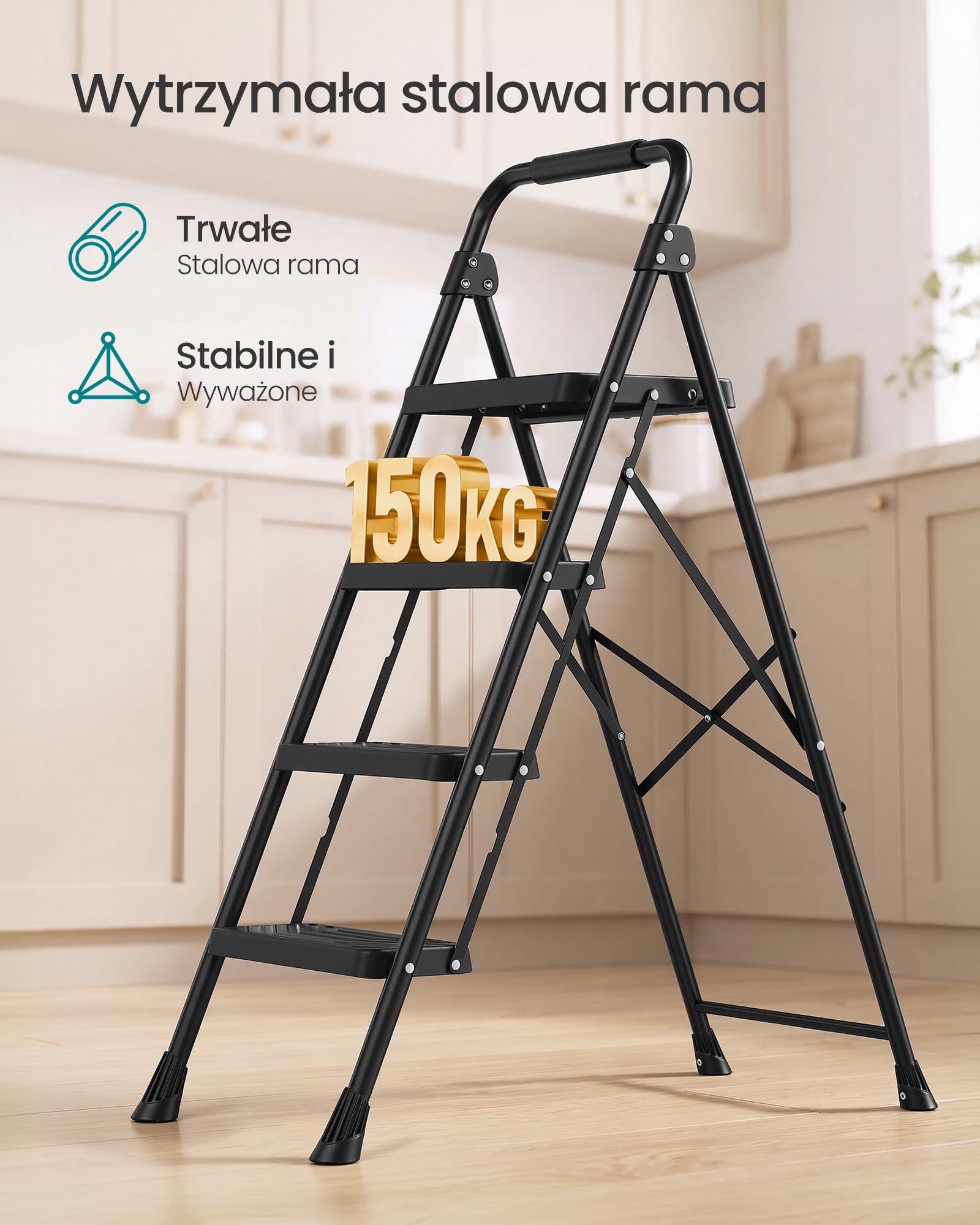 SONGMICS drabina 4-stopniowa, składana, stalowa, z poręczą