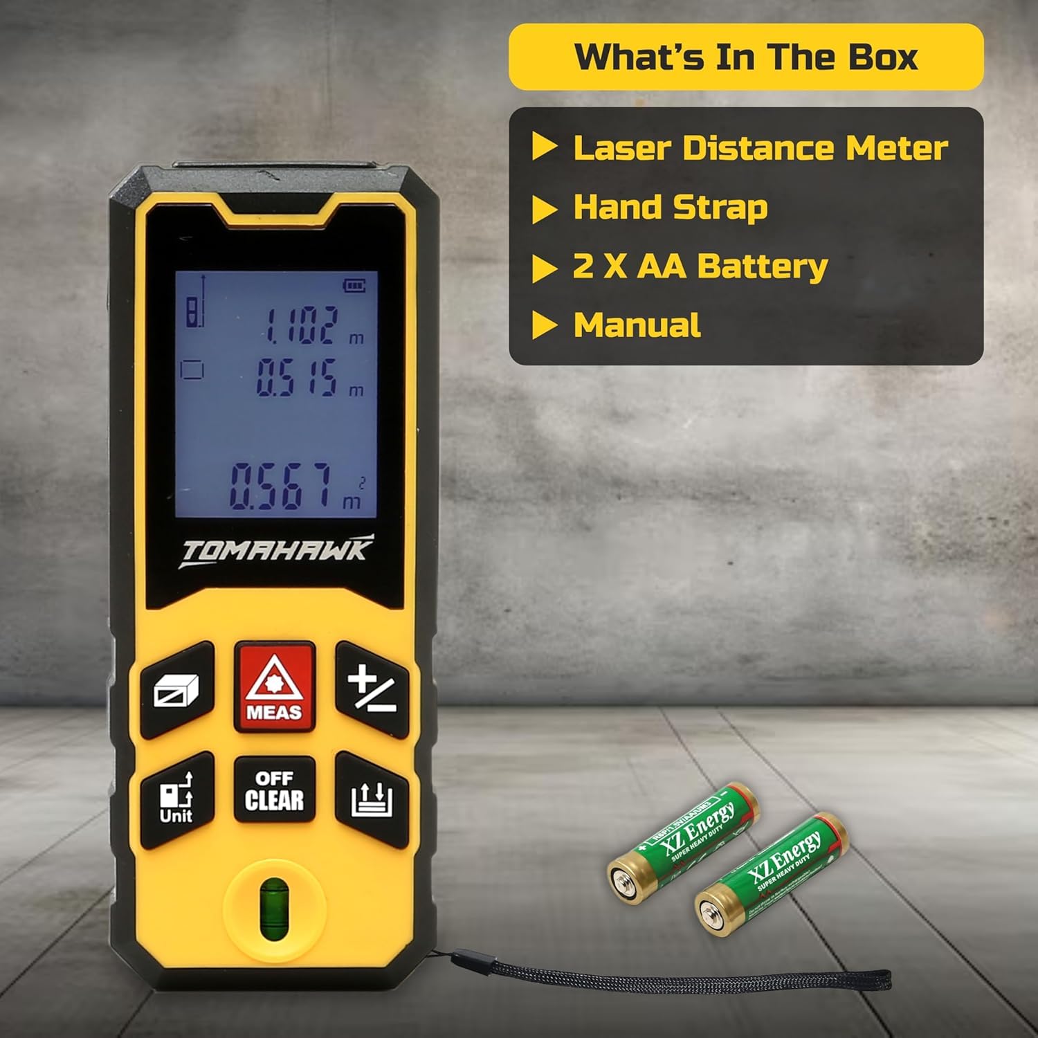TOMAHAWK® TLM-O-60 Laser Distance Meter 60m RL THK | 325ft Range with Area, Volume, Pythagoras Measurement | Laser Class 2 | Water & Dustproof | 2 Line LCD Display with Batteries & Hand Strap 3