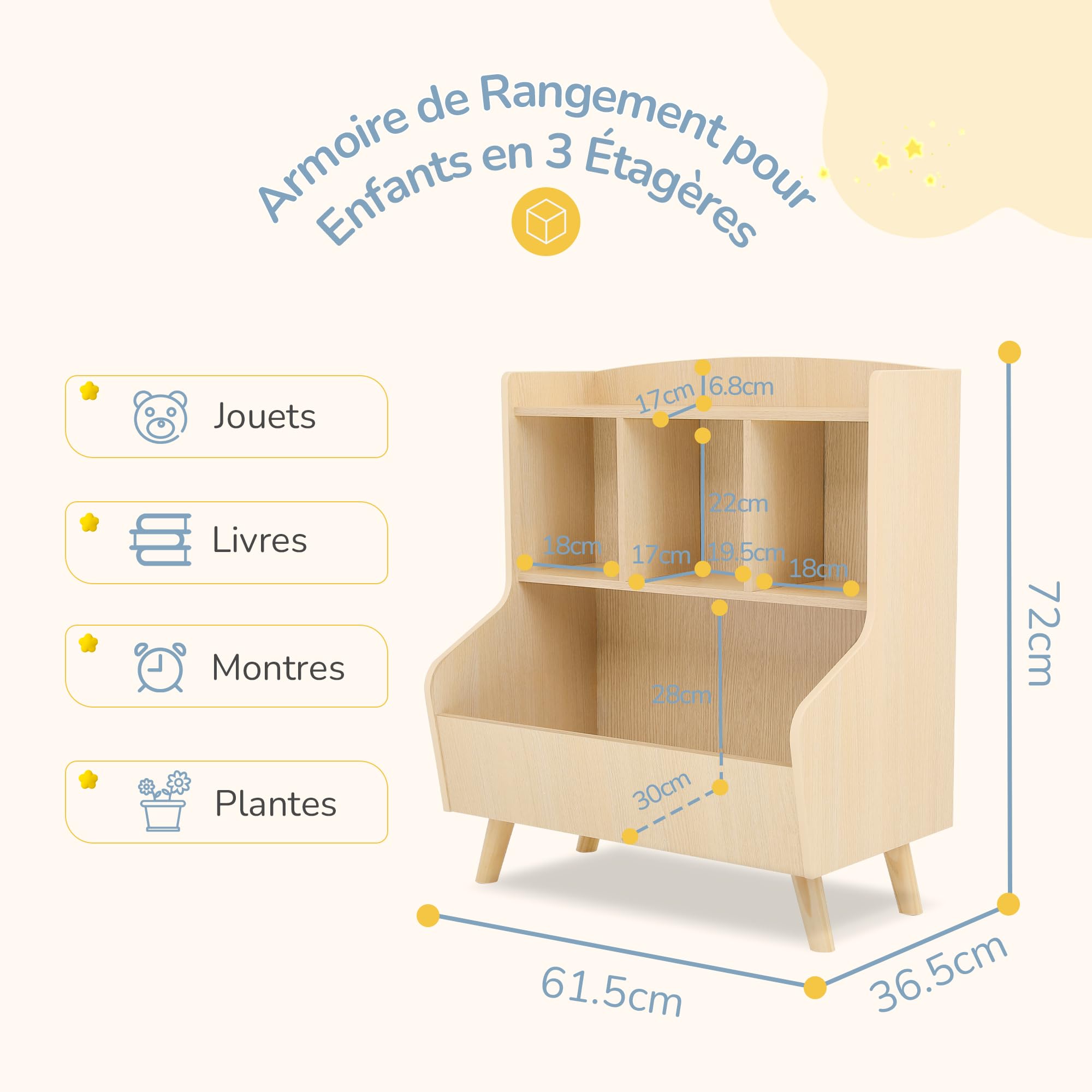 LUE BONA Bibliothèque Enfant,Coffre à Jouets pour Enfants,Rangement Jouet Enfant avec 3 Compartiments et 3 Cubes Ouverts,Bibliothèque Meuble de Rangement,36 × 61 × 71 cm,Teinte de Bois Brut