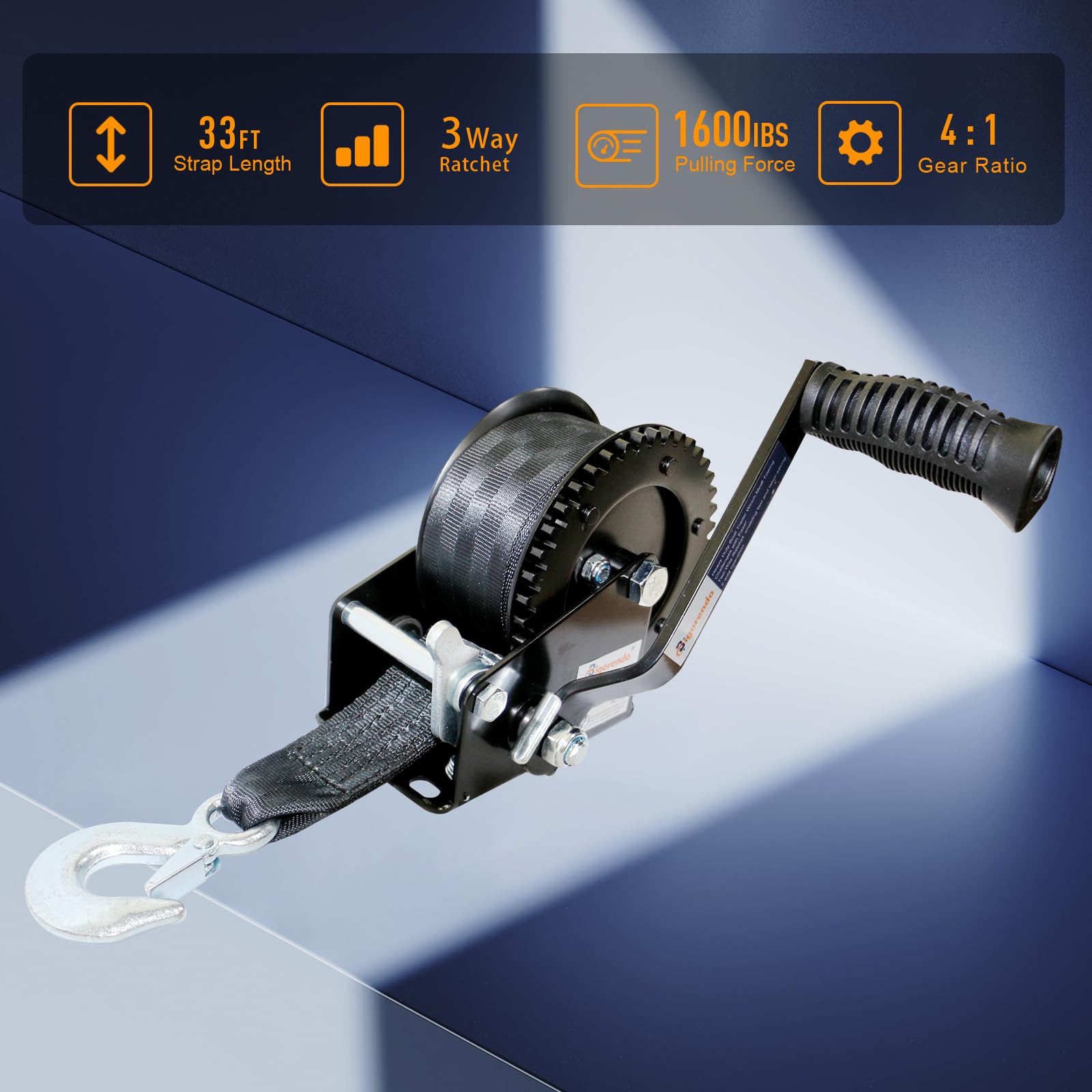 Hand Winch, Heavy Duty Boat Trailer Winch Hand Winch with 10M (33FT) Polyester Strap and Two-Way Ratchet, 1600LBS Pulling Capacity, Manual Operated Hand Crank Winch for Trailer, Boat or ATV Towing — view 2