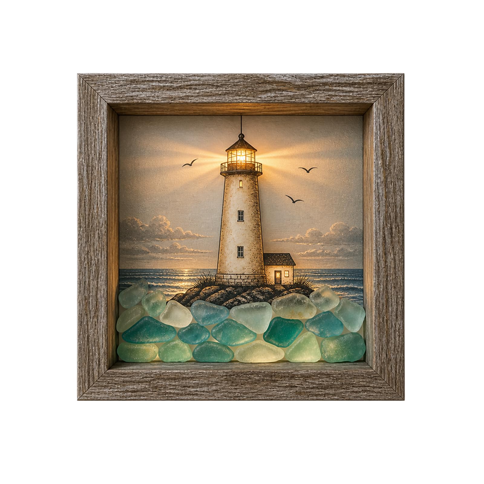 DSLKGWE Shadows Box with Light, Coastal Lighthouse Sea Glass Shadows Box Night Light Sea Glass Boxes Night Lights Decorative Lighthouse Lamp Beach Oceans Decor for Bedroom Living Room
