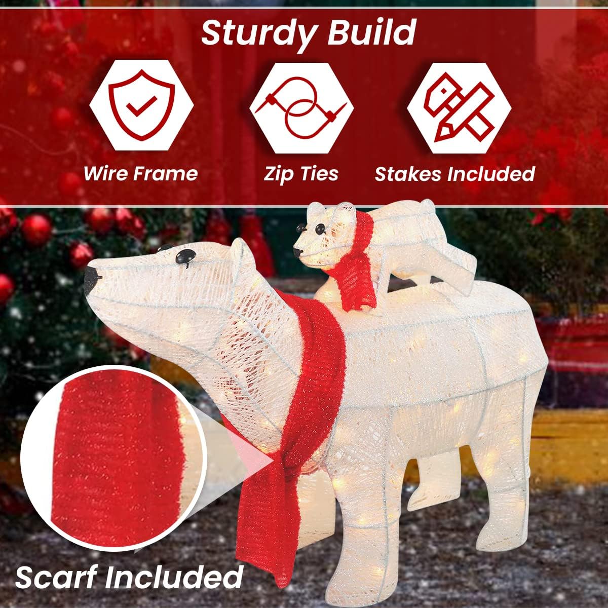 3-Piece 20in Lighted Polar Bear Family - Large Outdoor All-Weather Christmas Décor for Front Yard, Lawn or Indoor w/ 210 Pre-Strung Lights, Zip Ties, Ground Stakes (White)