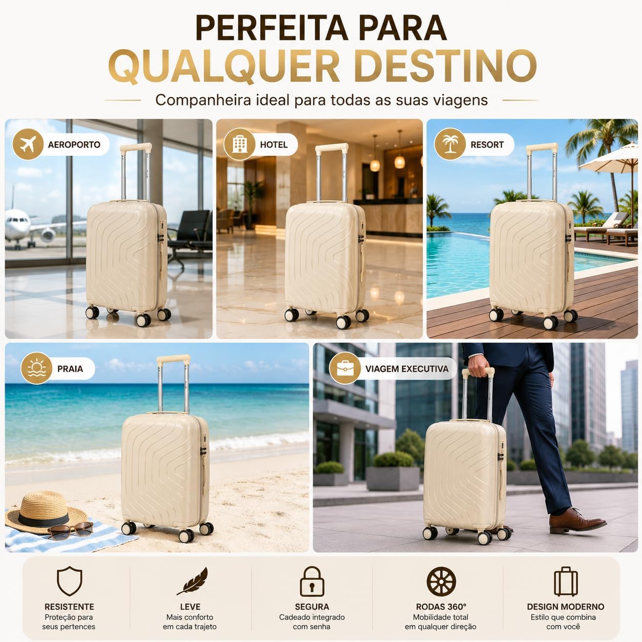 Mala de Bordo Propileno Premium com Rodas 360° e Cadeado TSA Integrado | Bagagem de Mão Leve e Resistente | Alça Telescópica Ajustável | Design Moderno para Viagens e Negócios (Bege) Mala de Bordo Propileno Premium com Rodas 360° e Cadeado TSA Integrado | Bagagem de Mão Leve e Resistente | Alça Telescópica Ajustável | Design Moderno para Viagens e Negócios (Bege)