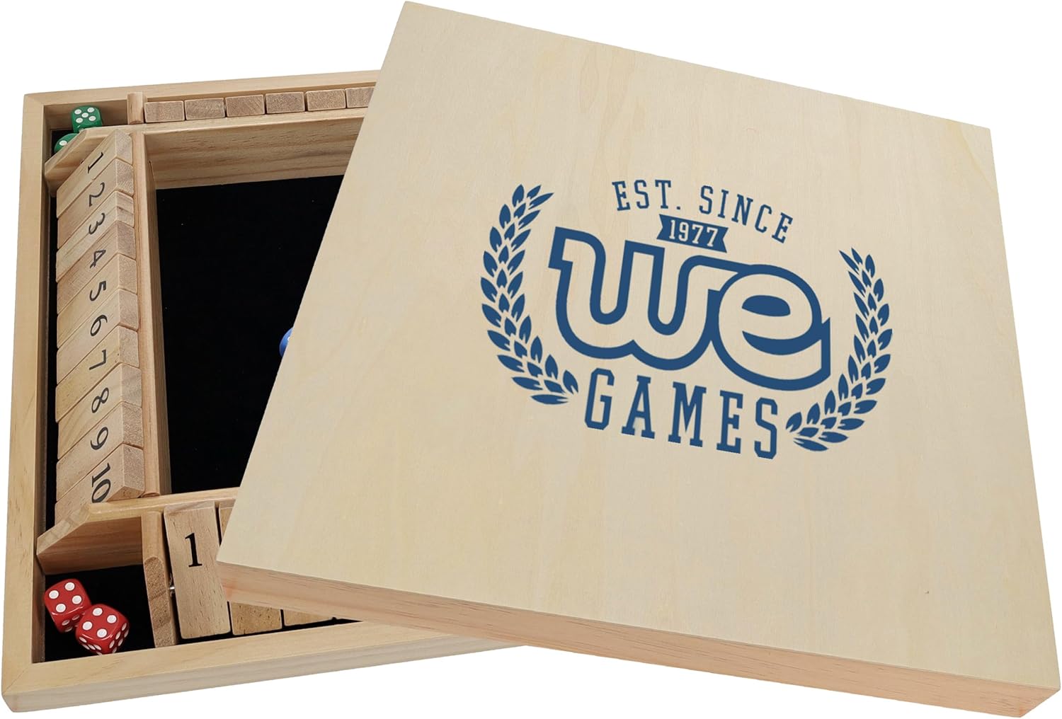WE Games Custom Logo Printed 4 Player Shut the Box Game with Lid, Natural Wood, Large Coffee Table Size 14 Inches, Personalized Dice Board Games, Perfect for Home or Bar