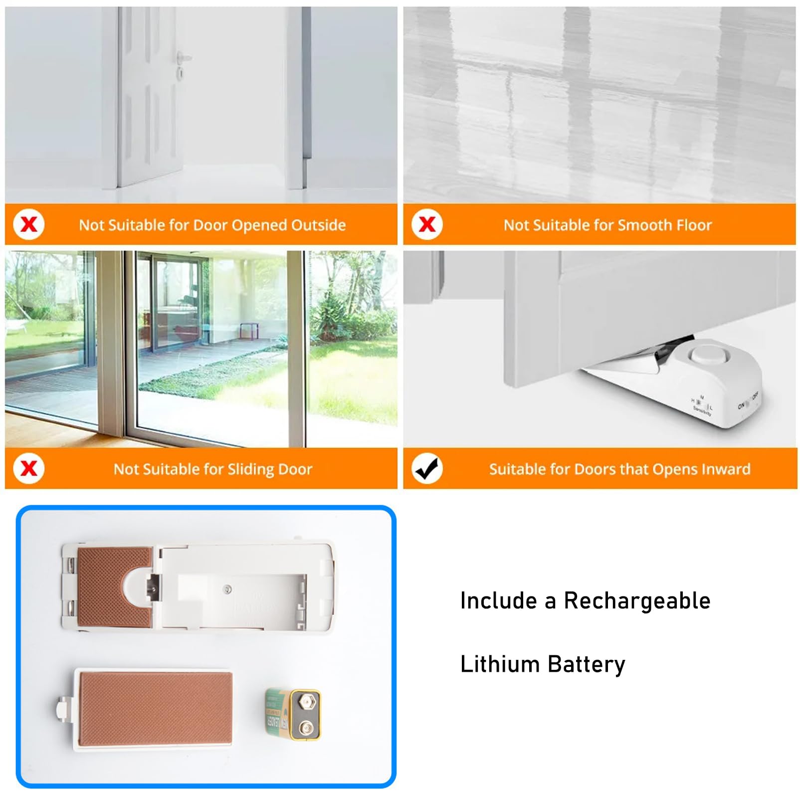 Mengshen Lot de 4 alarmes d'arrêt de porte de 120 dB avec sensibilité réglable, alarme de sécurité portable pour appartement, voyage, base en caoutchouc antidérapant, appareil de sécurité personnel