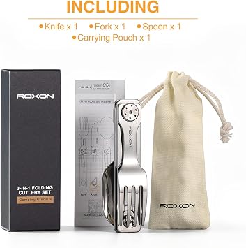 ROXON 3-in-1 Knife Spoons Fork Camping Utensils Set with Case | Magnetic Folding, Stainless Steel Cutlery, EDC Portable Lightweight Silverware,For Hiking Backpacking Travel Lunchbox Outdoor
