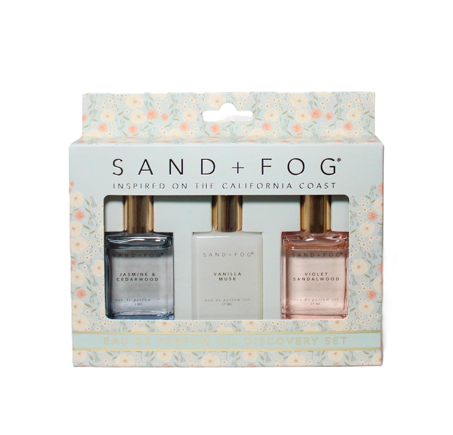 Sand + Fog Perfume Oil Discovery Set, Violet Sandalwood, Vanilla Musk, Jasmine Cedarwood, 0.5 fl oz each, 3-Pack