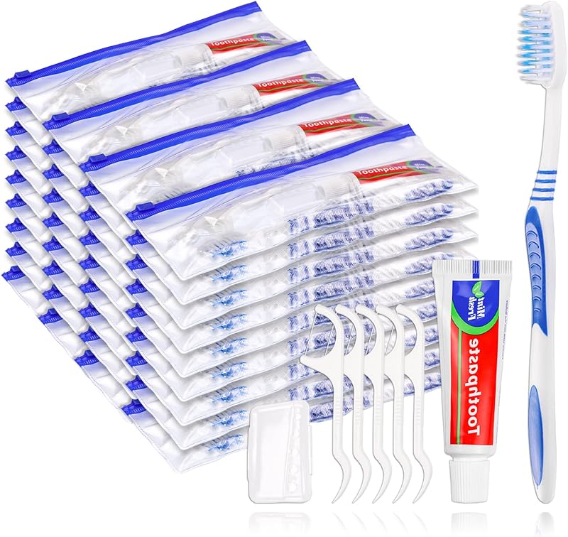 50 Disposable Toothbrushes with Toothpaste Set,Travel Kit with Plastic Zip Bag,Toothbrush Head Cover, Floss Pick,25 gram Toothpaste,Bulk Toothbrush for Homeless,Travel,Hotel(50)